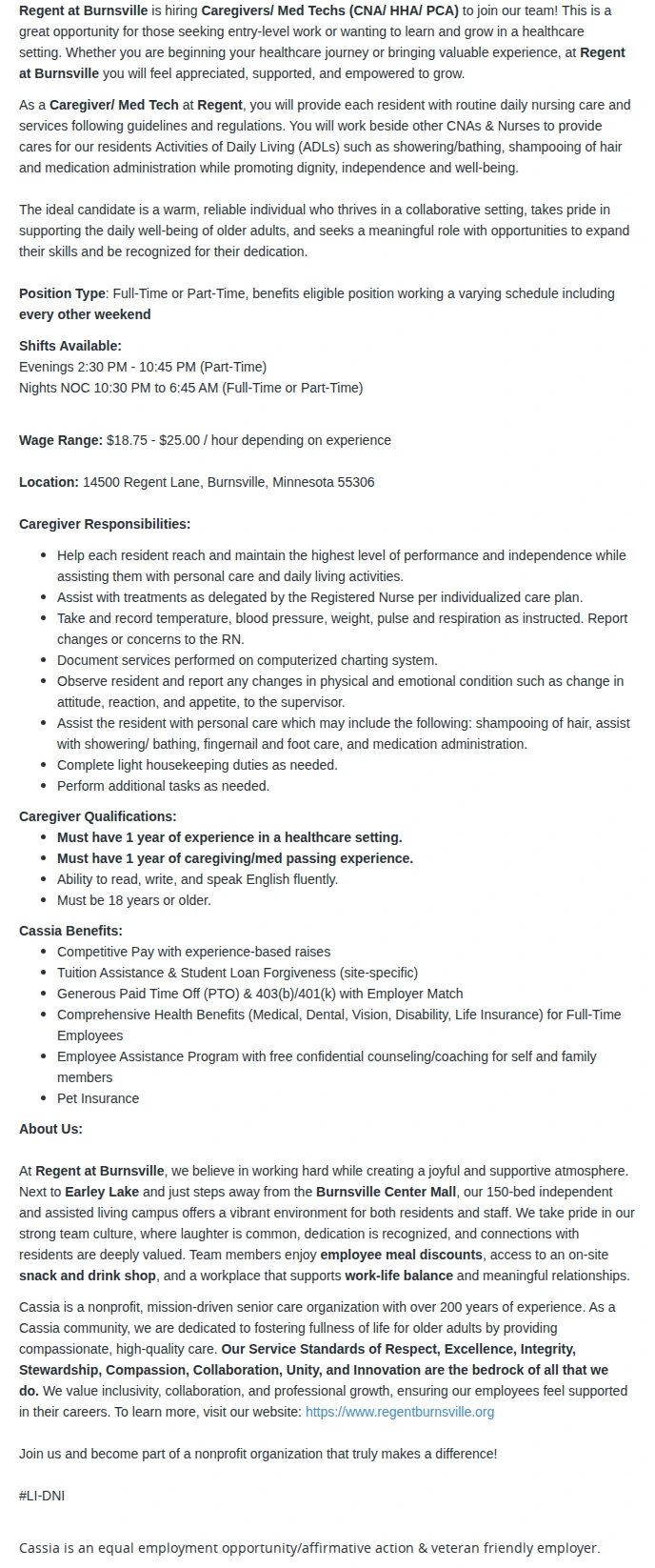 Cassia Caregiver/ Med Tech (CNA/ HHA/ PCA) 채용공고