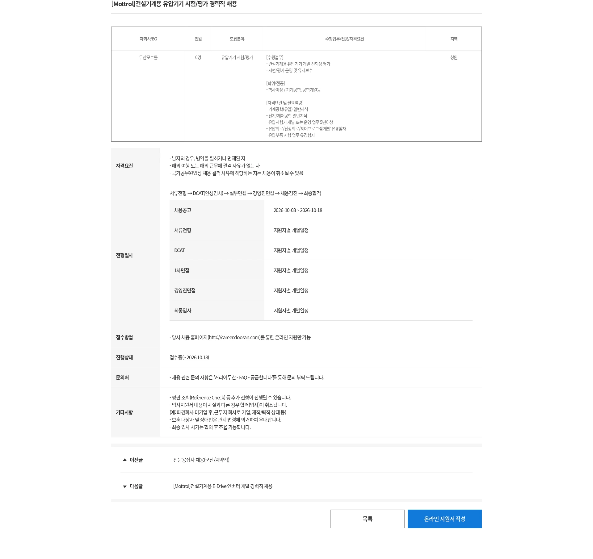 두산 [Mottrol]건설기계용 유압기기 시험/평가 경력직 채용 채용공고