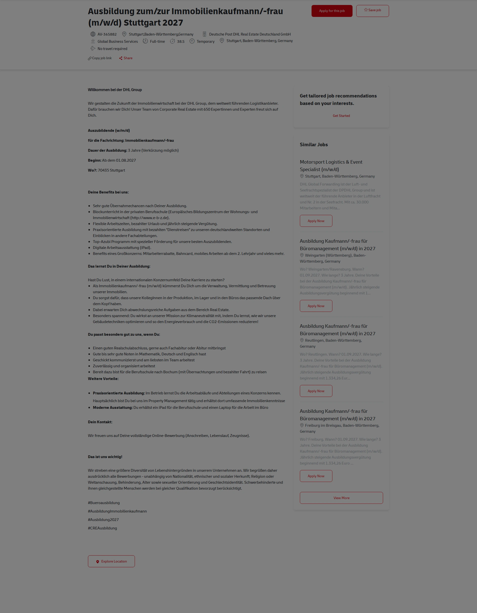 DHL Ausbildung zum/zur Immobilienkaufmann/-frau (m/w/d) Stuttgart 2027 채용공고