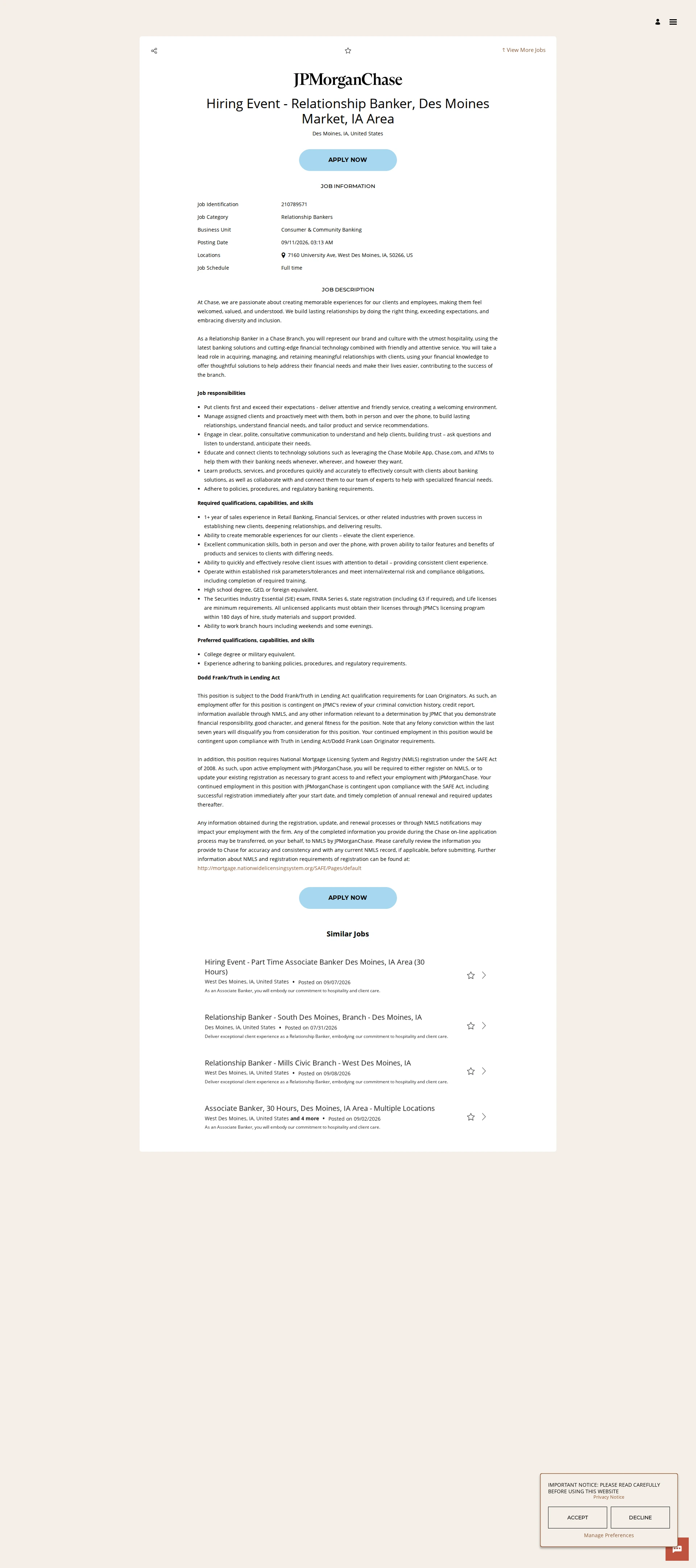 JPMorganChase Relationship Banker, Des Moines Market, IA Area 채용공고