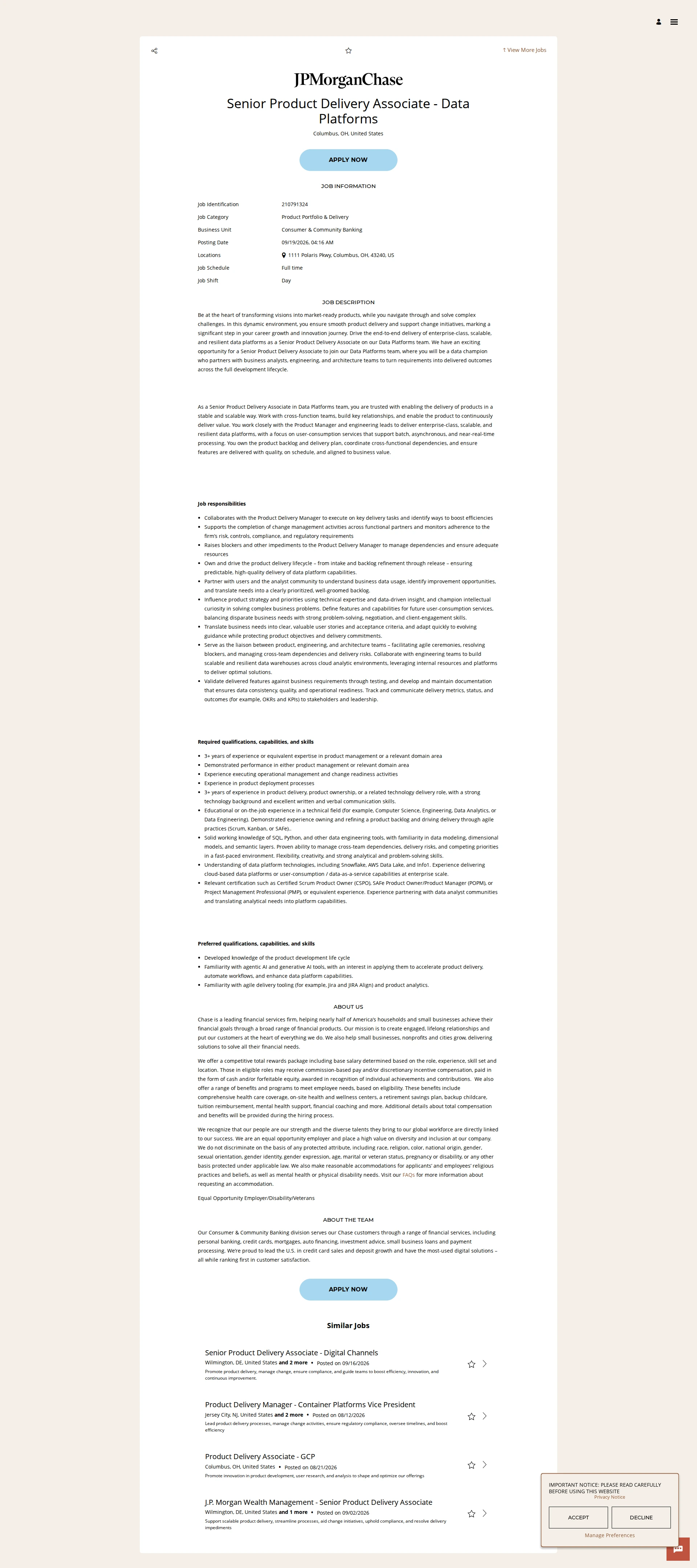 JPMorganChase Senior Product Delivery Associate - Data Platforms 채용공고