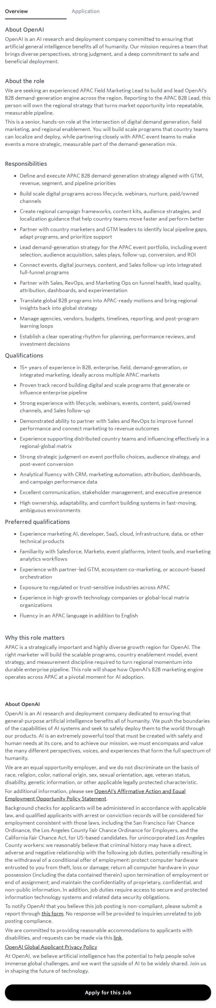 오픈에이아이(OpenAI) Field Marketing Lead, APAC 채용공고