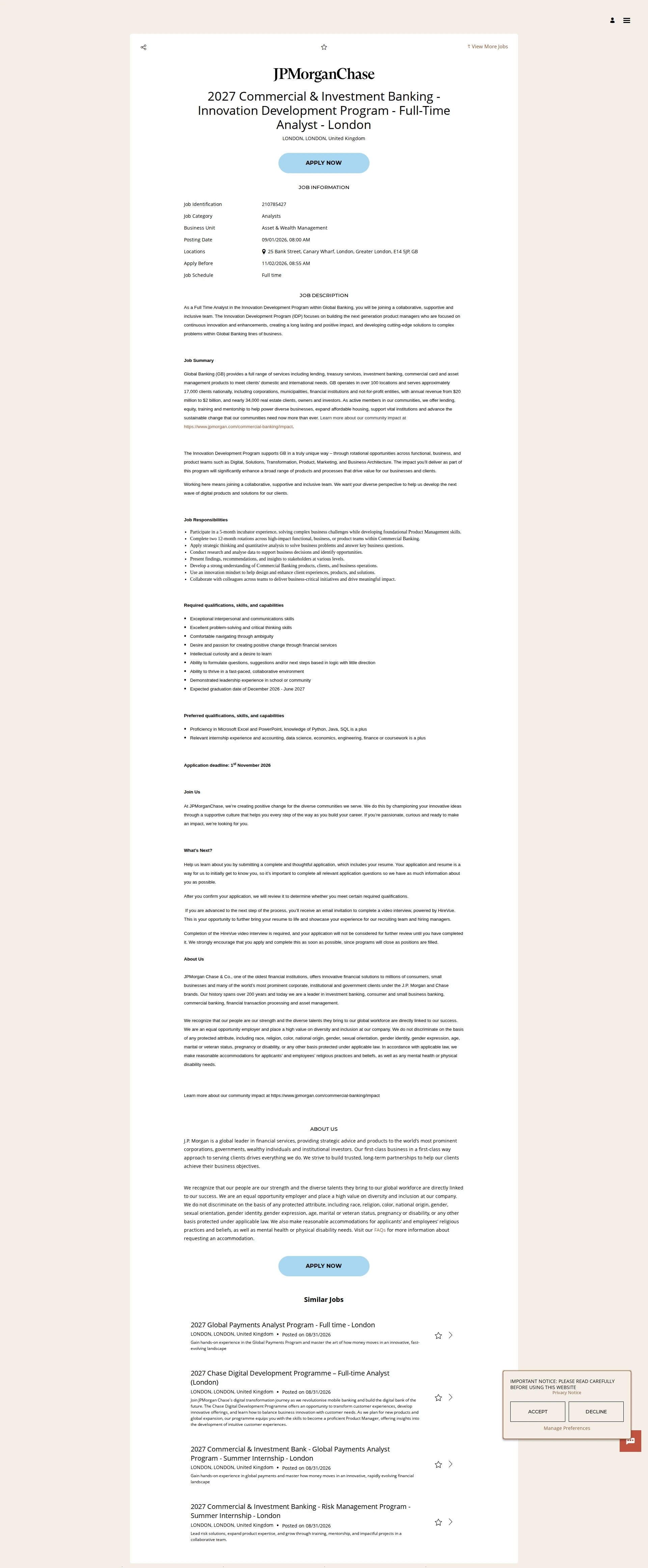 JPMorganChase 2027 Commercial & Investment Banking - Innovation Development Program - Full-Time Analyst - London 채용공고