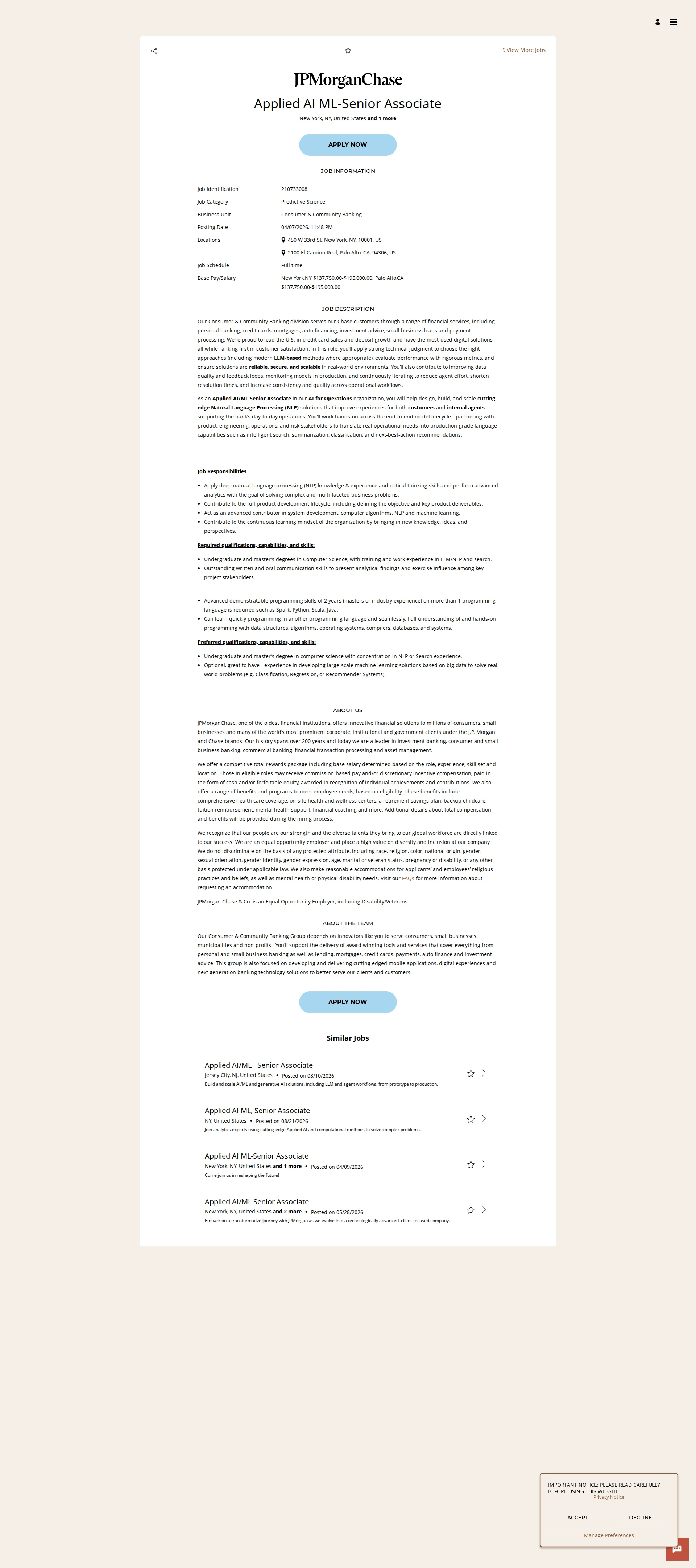JPMorganChase Applied AI ML-Senior Associate 채용공고