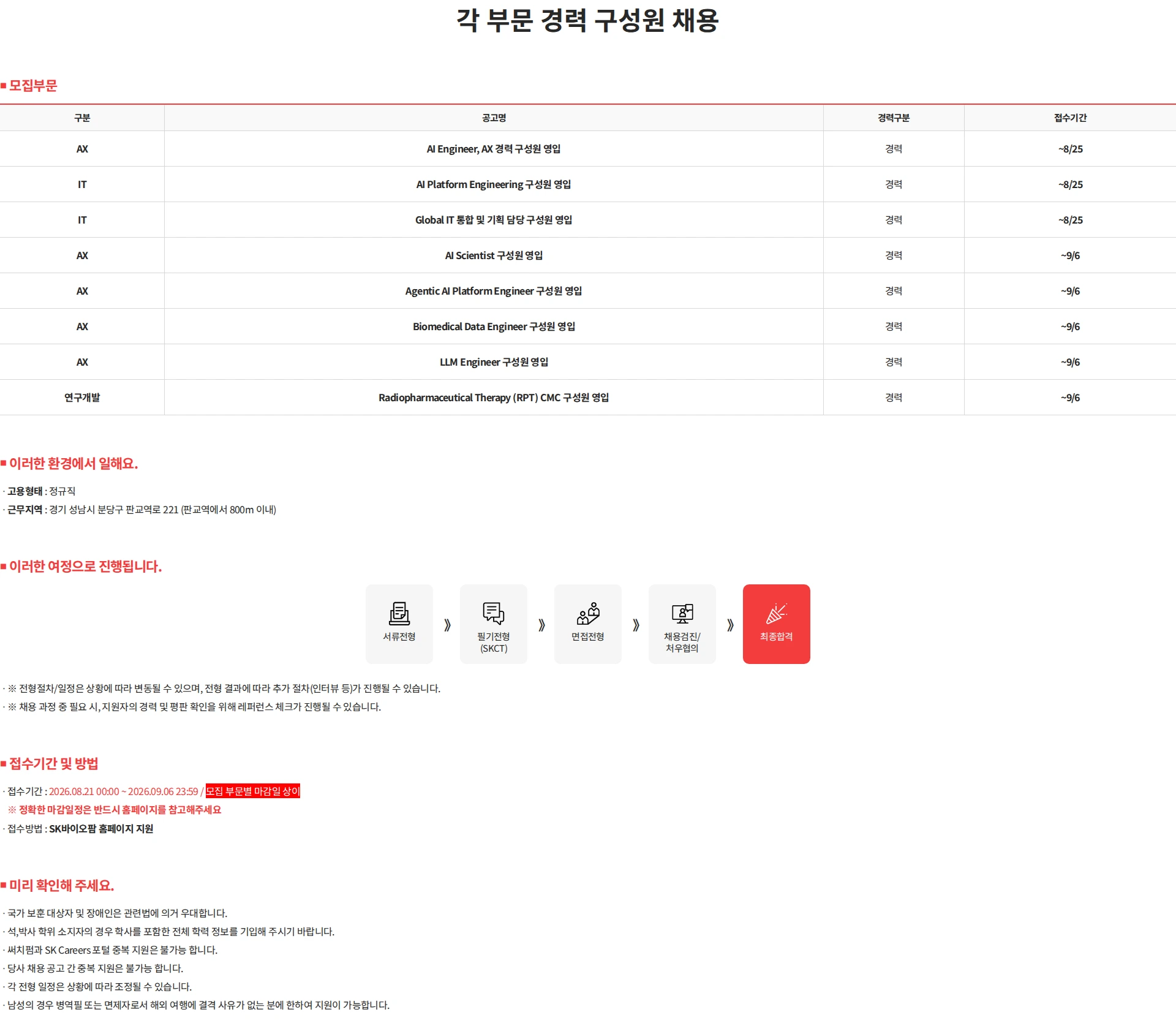 SK바이오팜 각 부문 경력 구성원 채용 채용공고