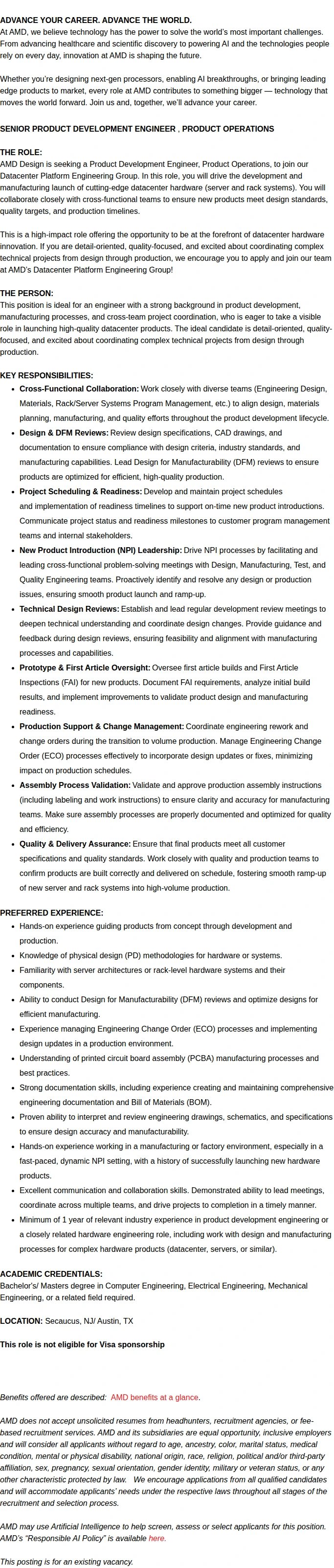 AMD Sr. Product Development Engineer 채용공고