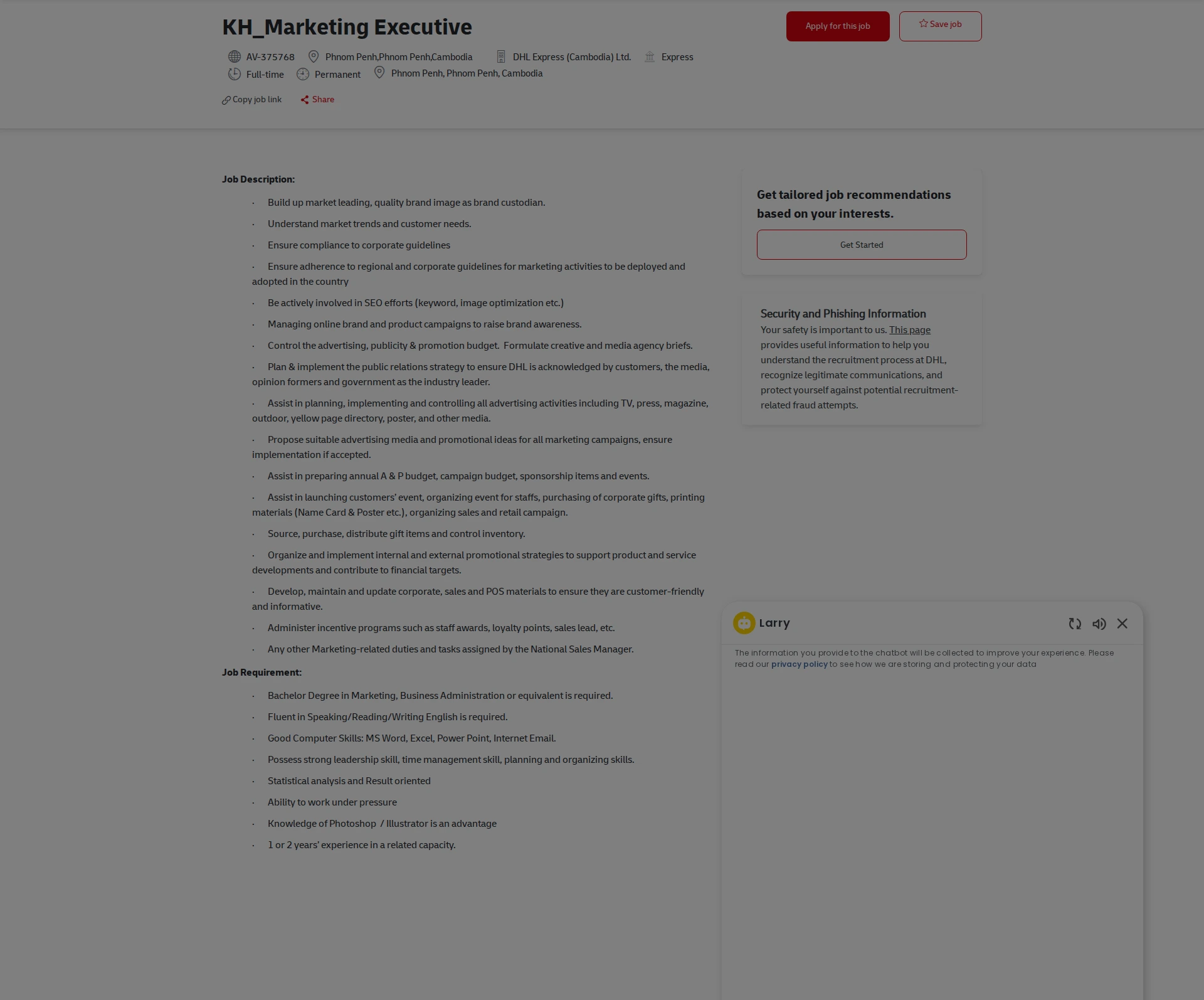 DHL KH_Marketing Executive 채용공고