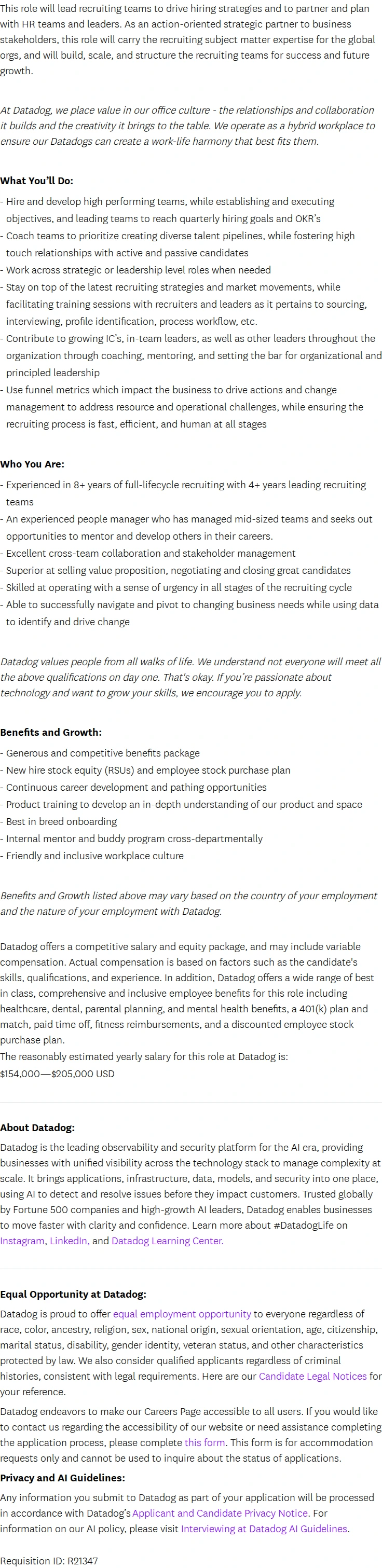 데이터독 Senior Manager, Business Recruiting 채용공고