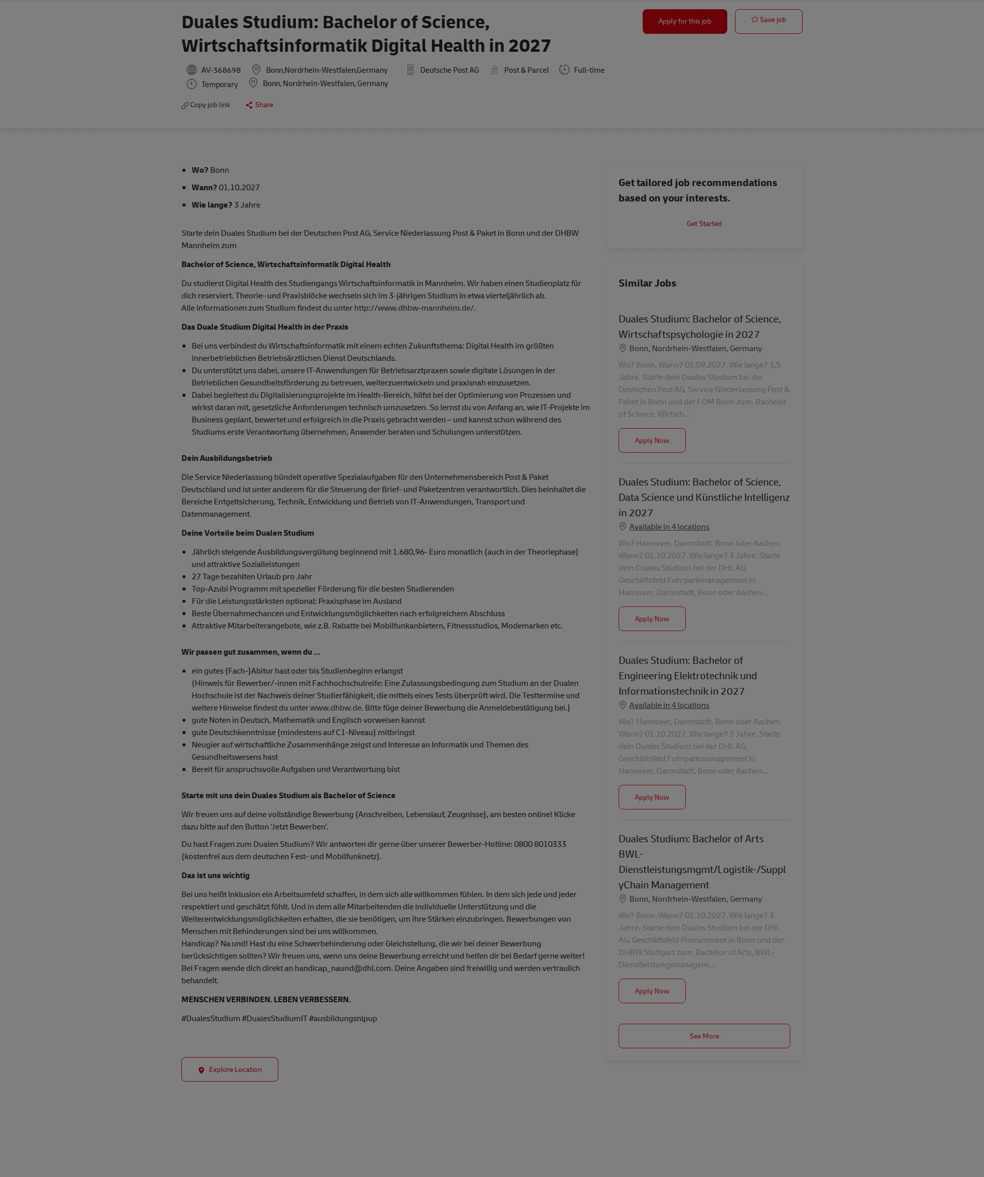 DHL Duales Studium: Bachelor of Science, Wirtschaftsinformatik Digital Health in 2027 채용공고
