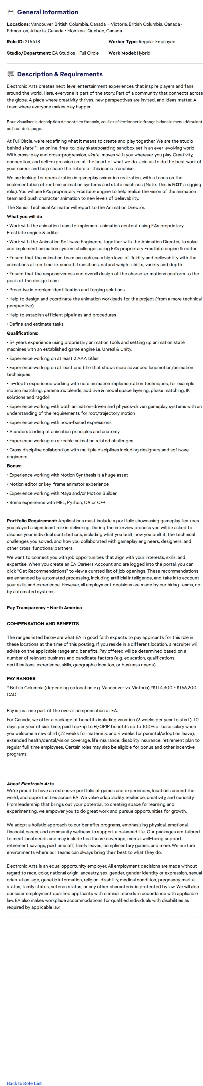 ElectronicArts Animateur.trice technique sénior.e / Senior Technical Animator 채용공고
