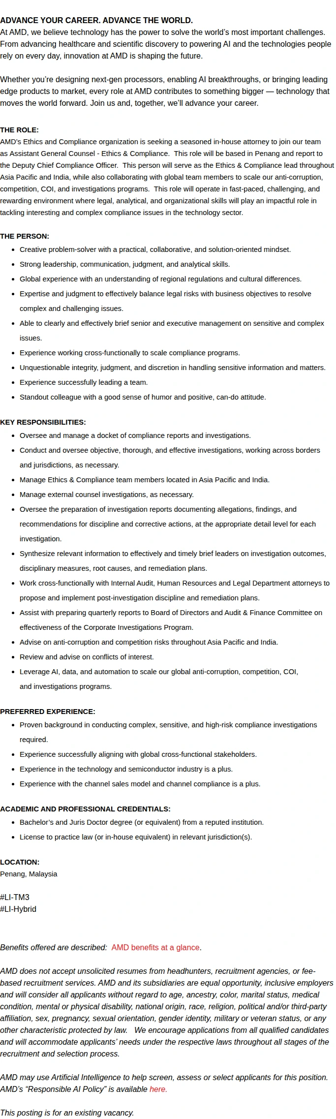 AMD Assistant General Counsel - Ethics & Compliance 채용공고