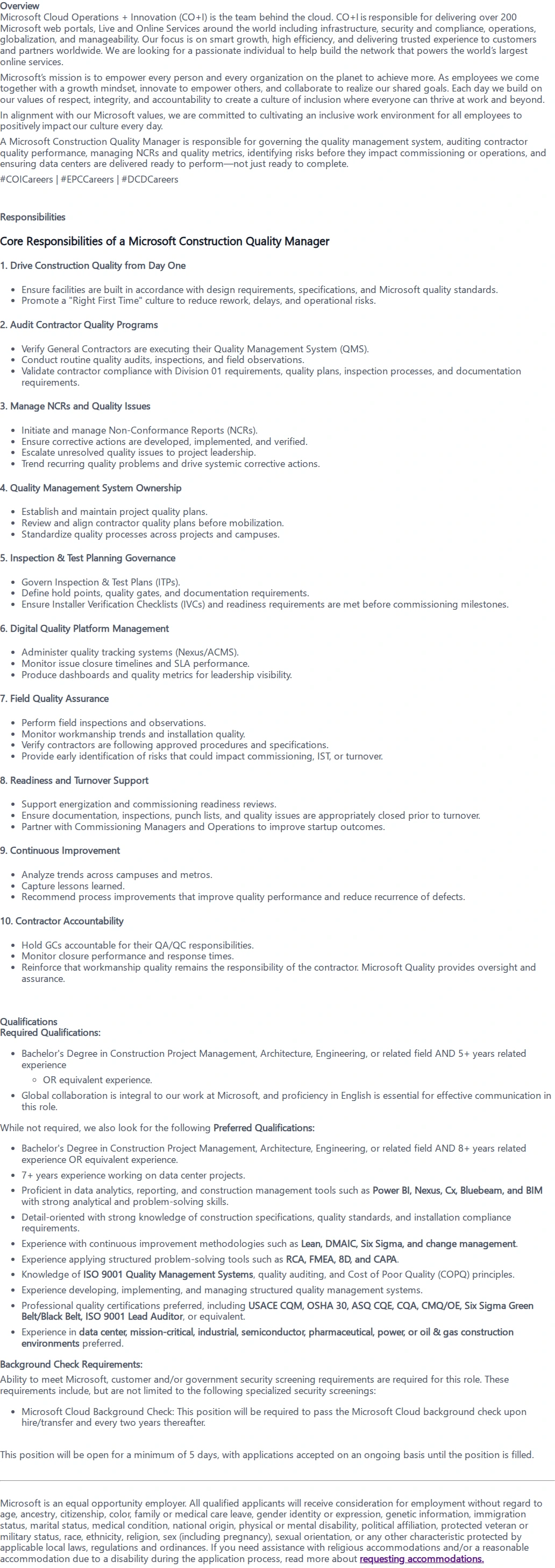 마이크로소프트(Microsoft) Construction & Quality Manager 채용공고