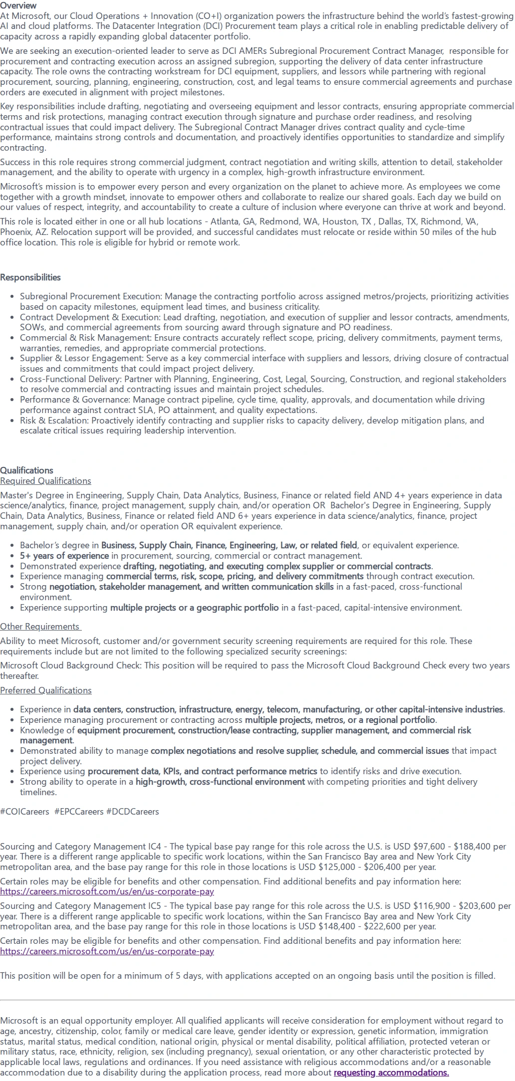 마이크로소프트(Microsoft) Subregional Procurement Contract Manager 채용공고