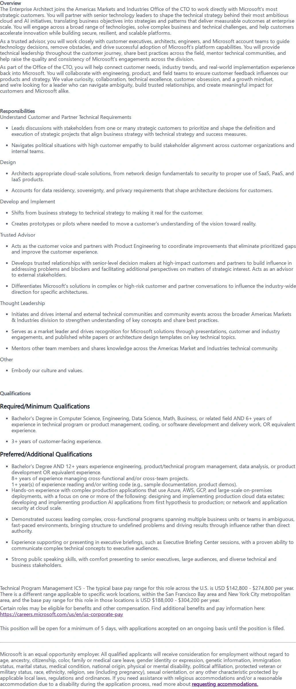마이크로소프트(Microsoft) Enterprise Architect, Americas Markets & Industries Office of the CTO 채용공고