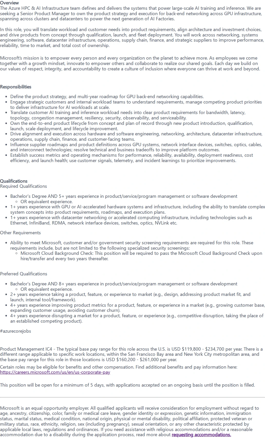 마이크로소프트(Microsoft) Senior Product Manager - AI Infrastructure 채용공고