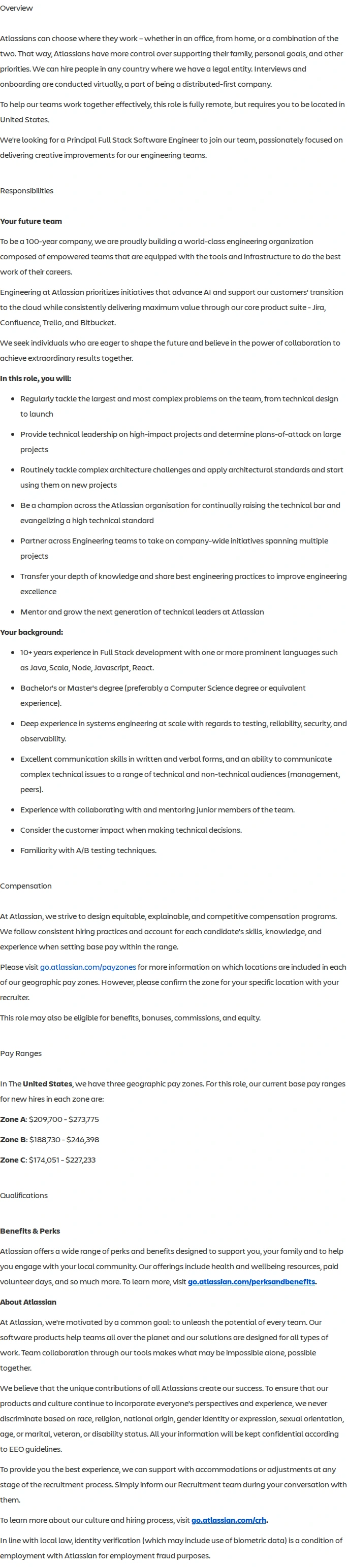 아틀라시안 Principal Full Stack Software Engineer 채용공고