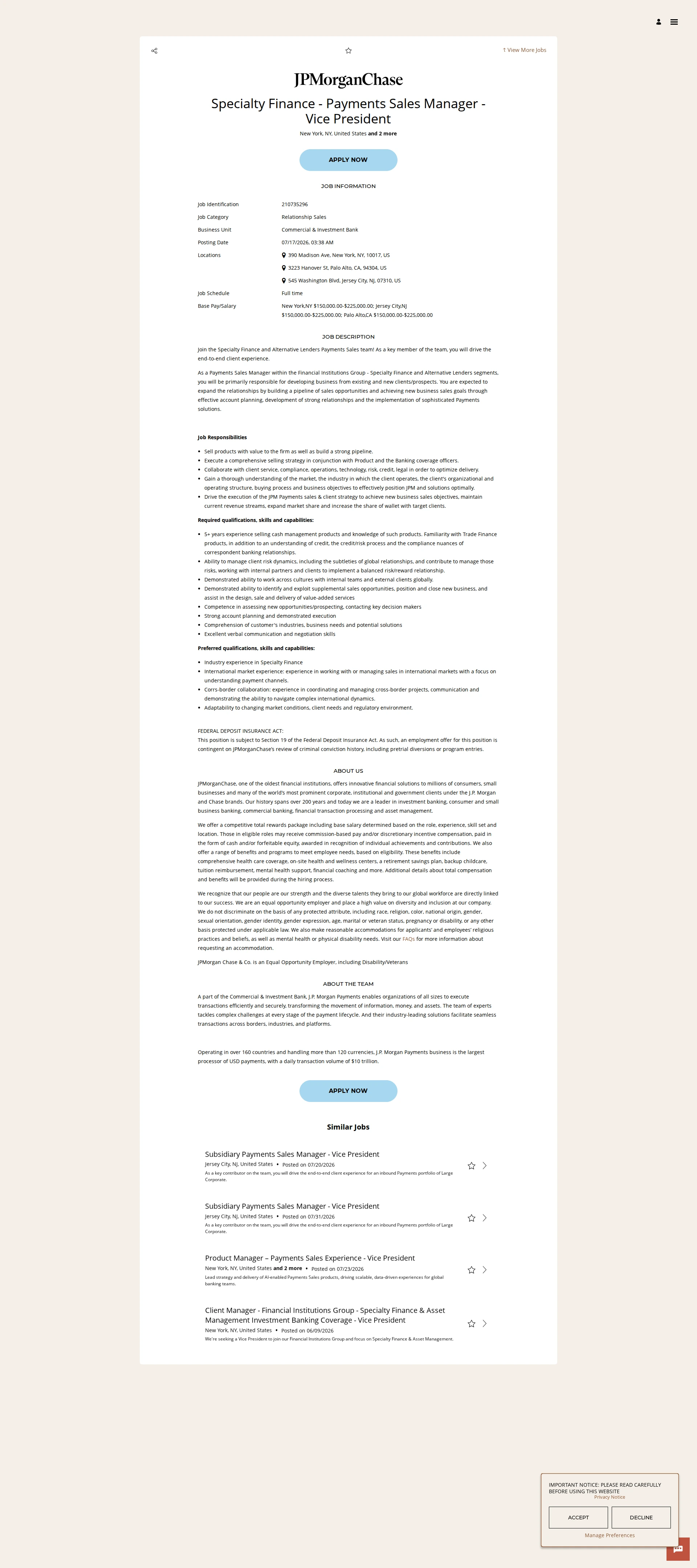 JPMorganChase Specialty Finance - Payments Sales Manager - Vice President 채용공고
