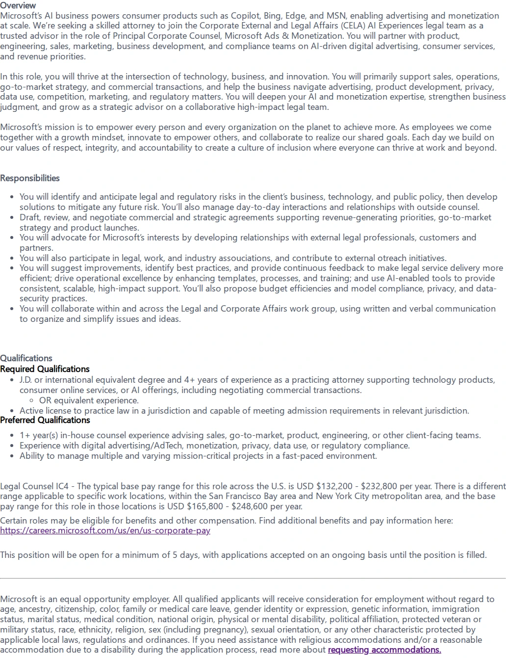 마이크로소프트(Microsoft) Principal Corporate Counsel, Microsoft Ads & Monetization 채용공고