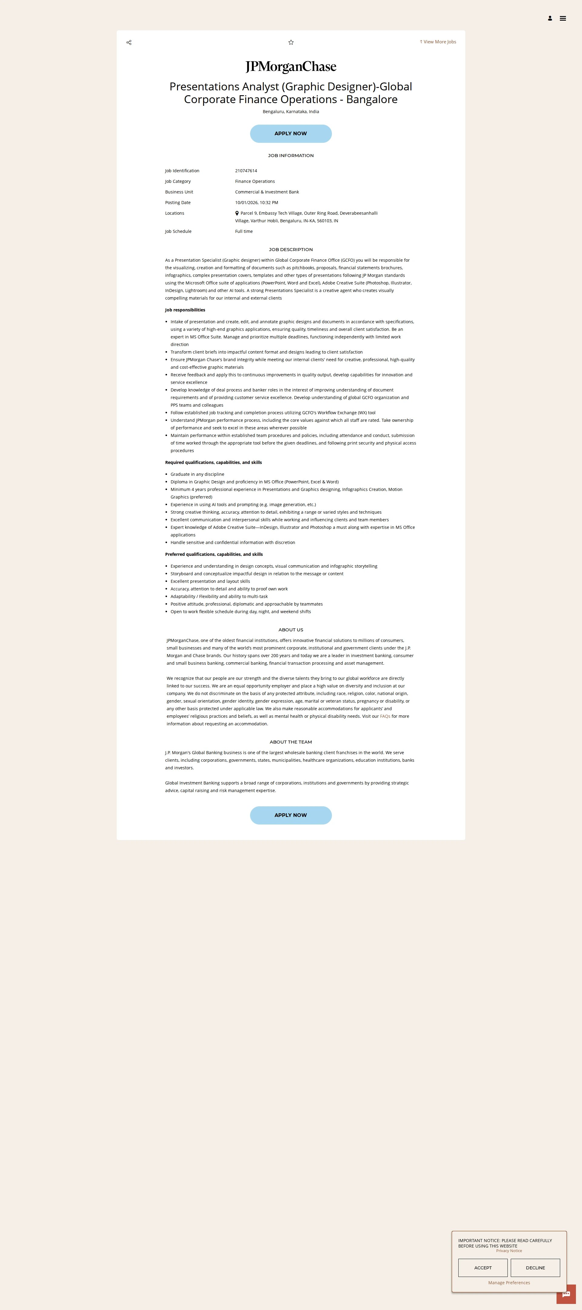 JPMorganChase Presentations Analyst (Graphic Designer)-Global Corporate Finance Operations - Bangalore 채용공고