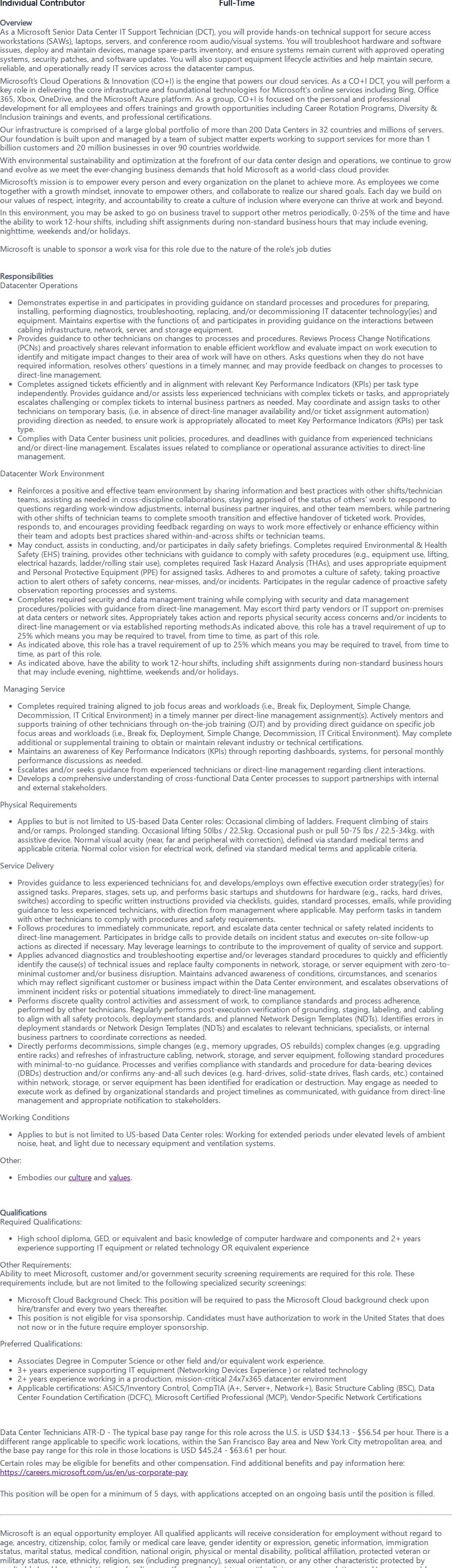 마이크로소프트(Microsoft) Senior Data Center Technician - IT Support 채용공고