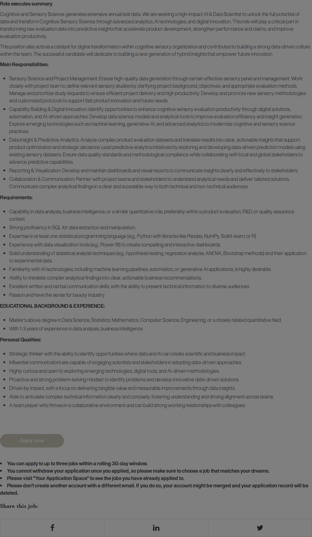 로레알(L'Oreal) Data Scientist, Cognitive Sensory Science 채용공고