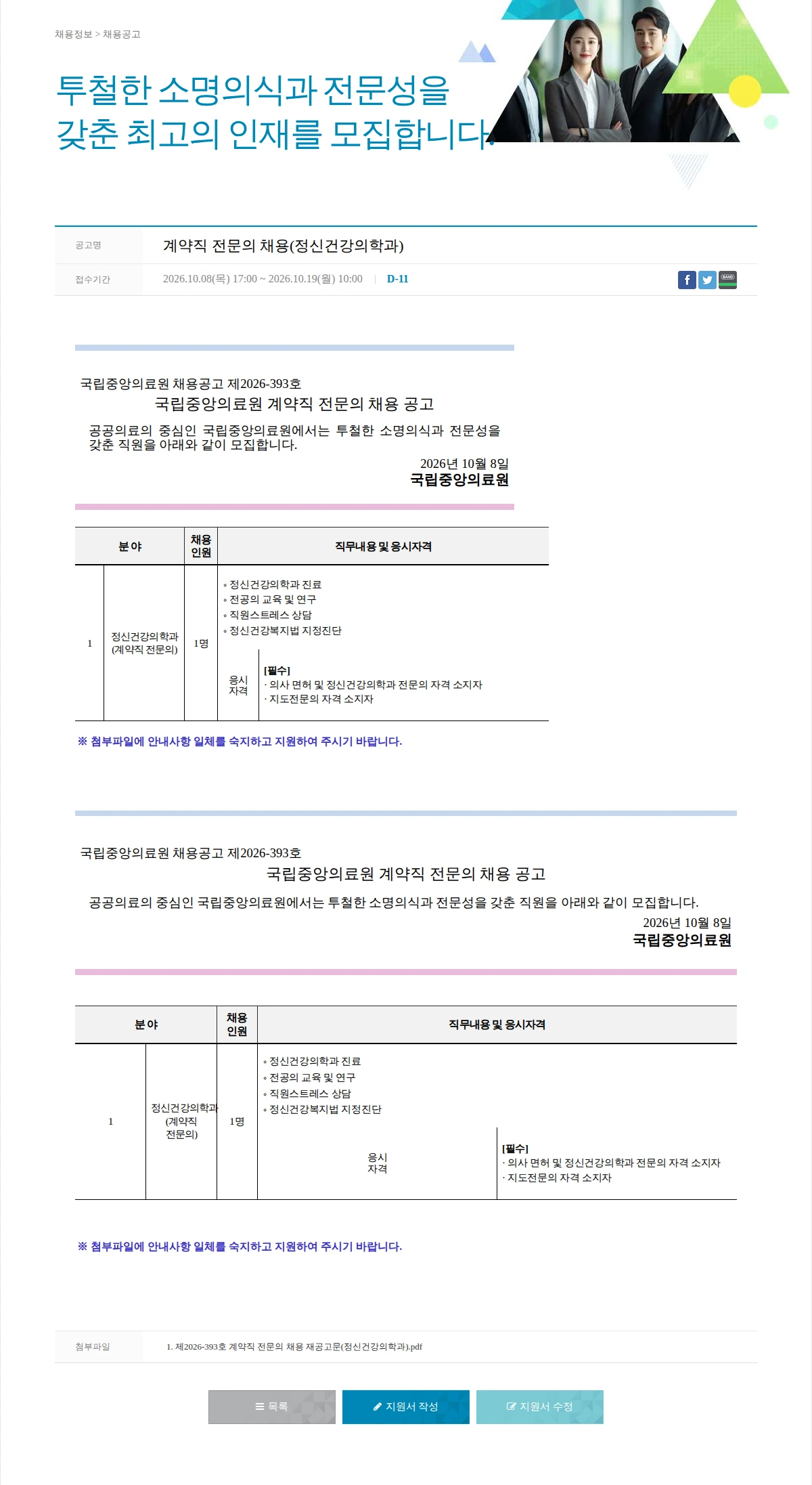 국립중앙의료원 계약직 전문의 채용(정신건강의학과) 채용공고