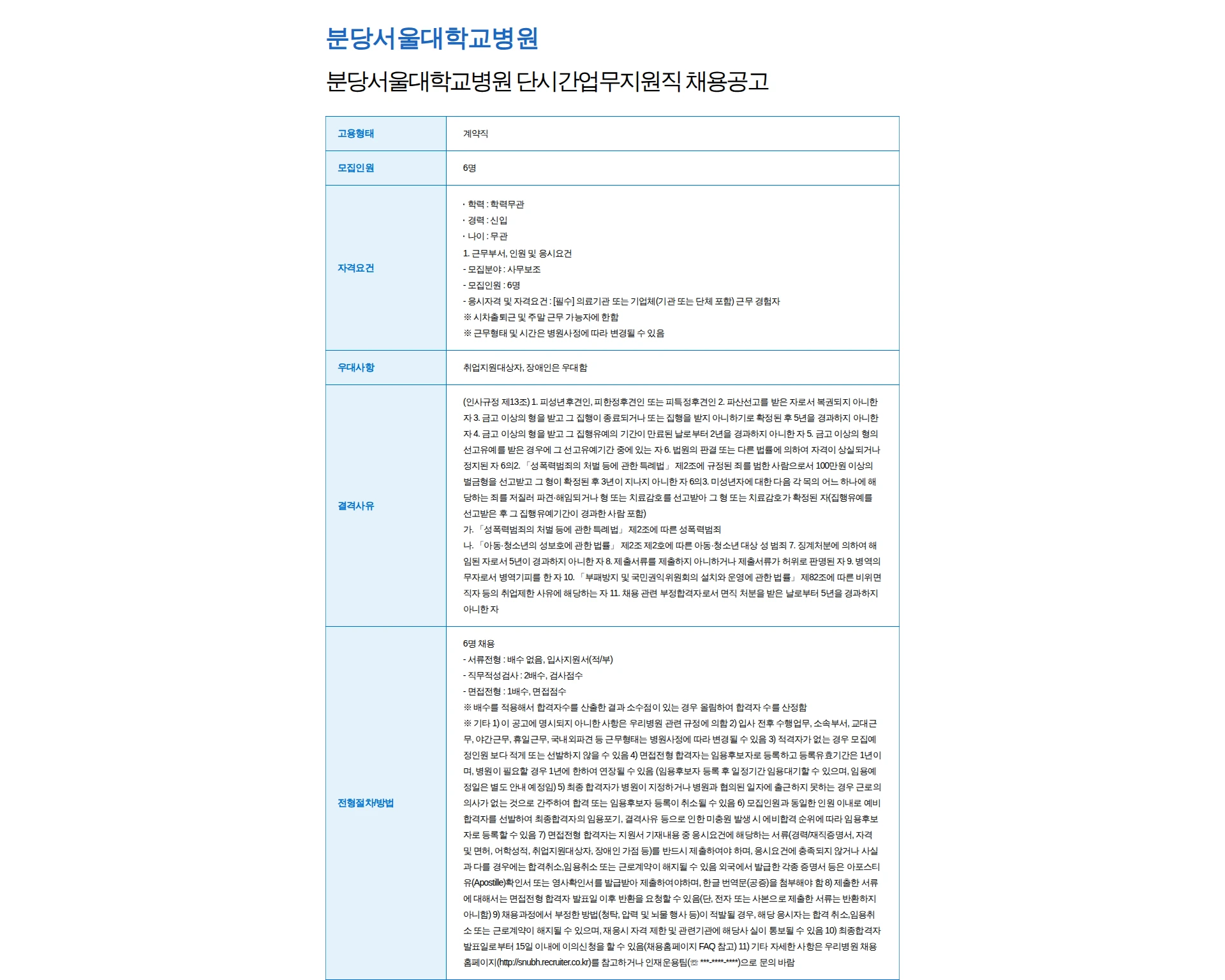 분당서울대학교병원 분당서울대학교병원 단시간업무지원직 채용공고 채용공고
