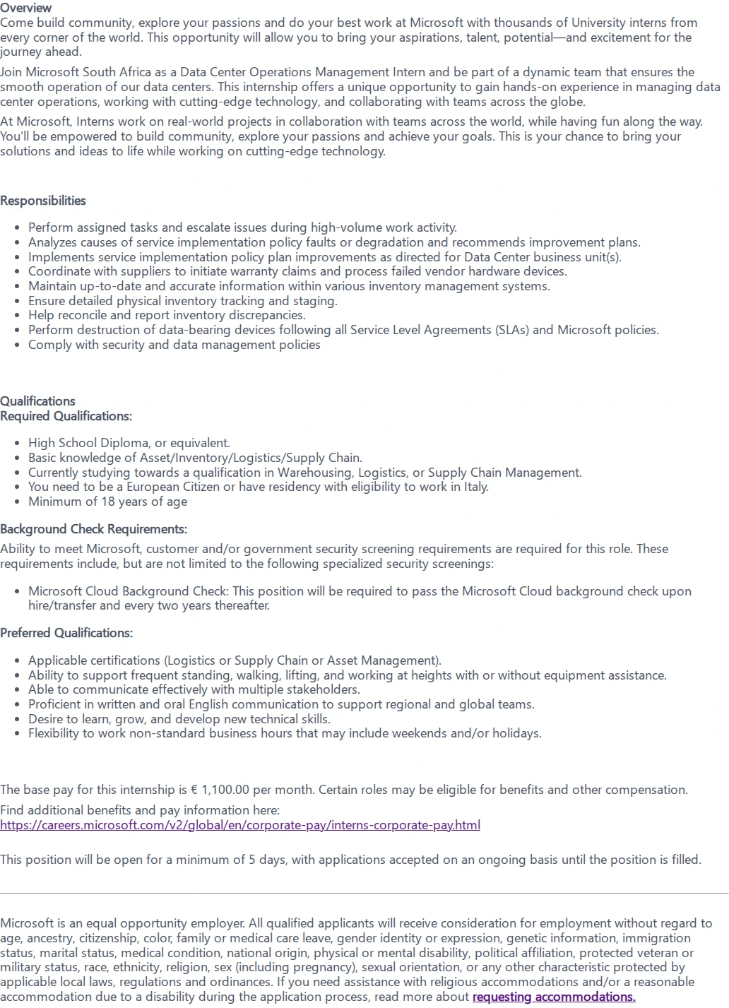 마이크로소프트(Microsoft) Logistics Technician Intern 채용공고