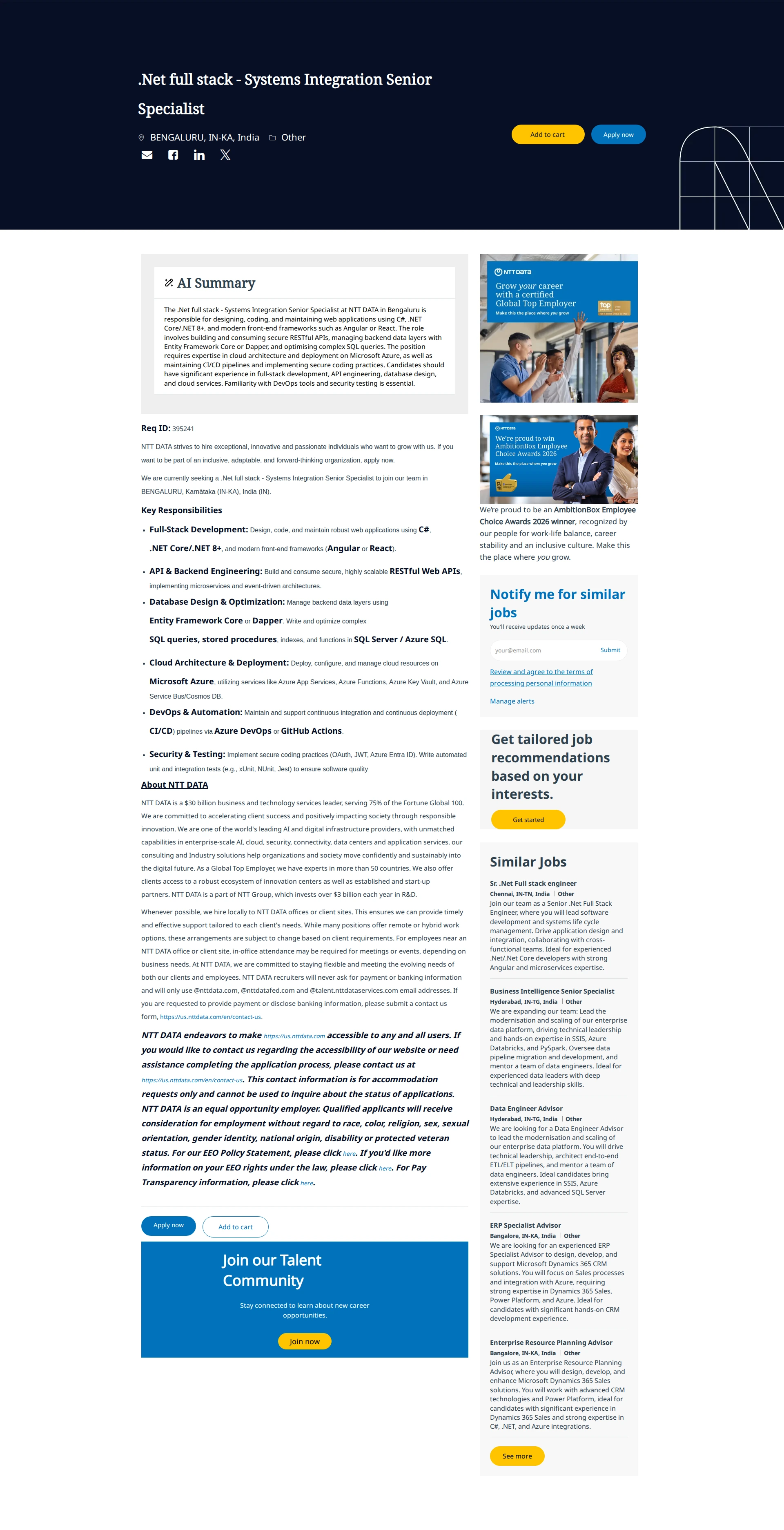 NTT데이터 .Net full stack - Systems Integration Senior Specialist 채용공고