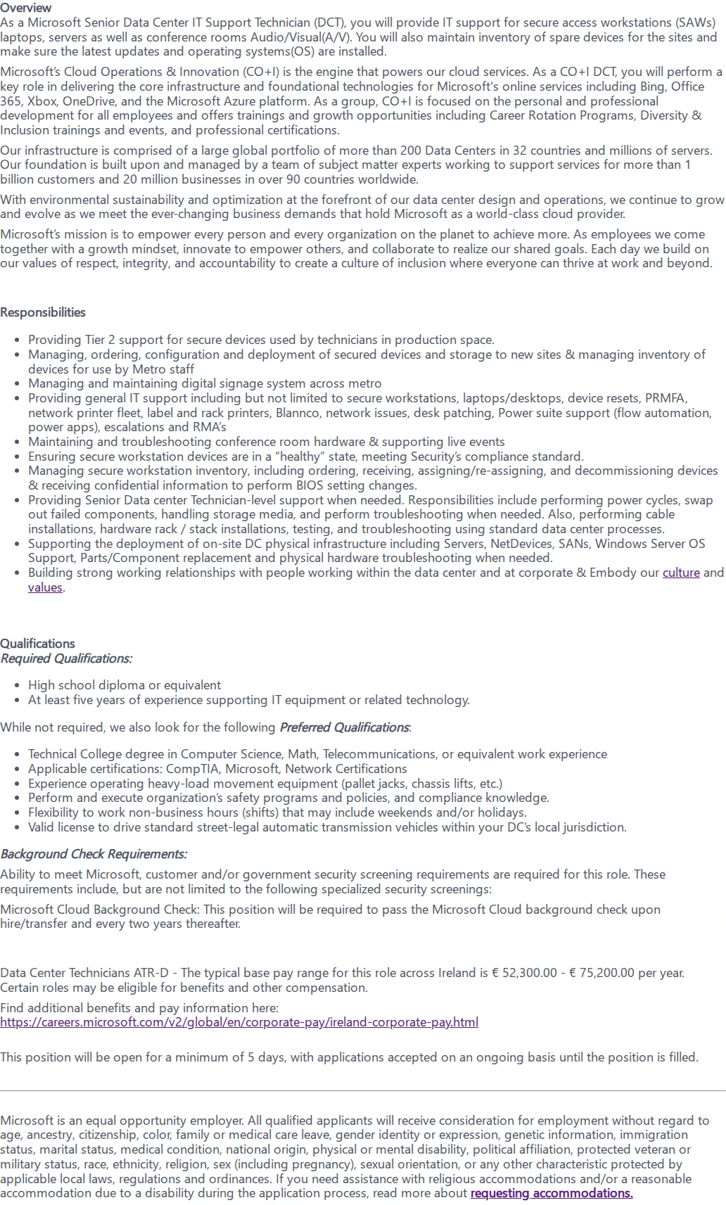 마이크로소프트(Microsoft) Senior Data Center IT Support Technician 채용공고