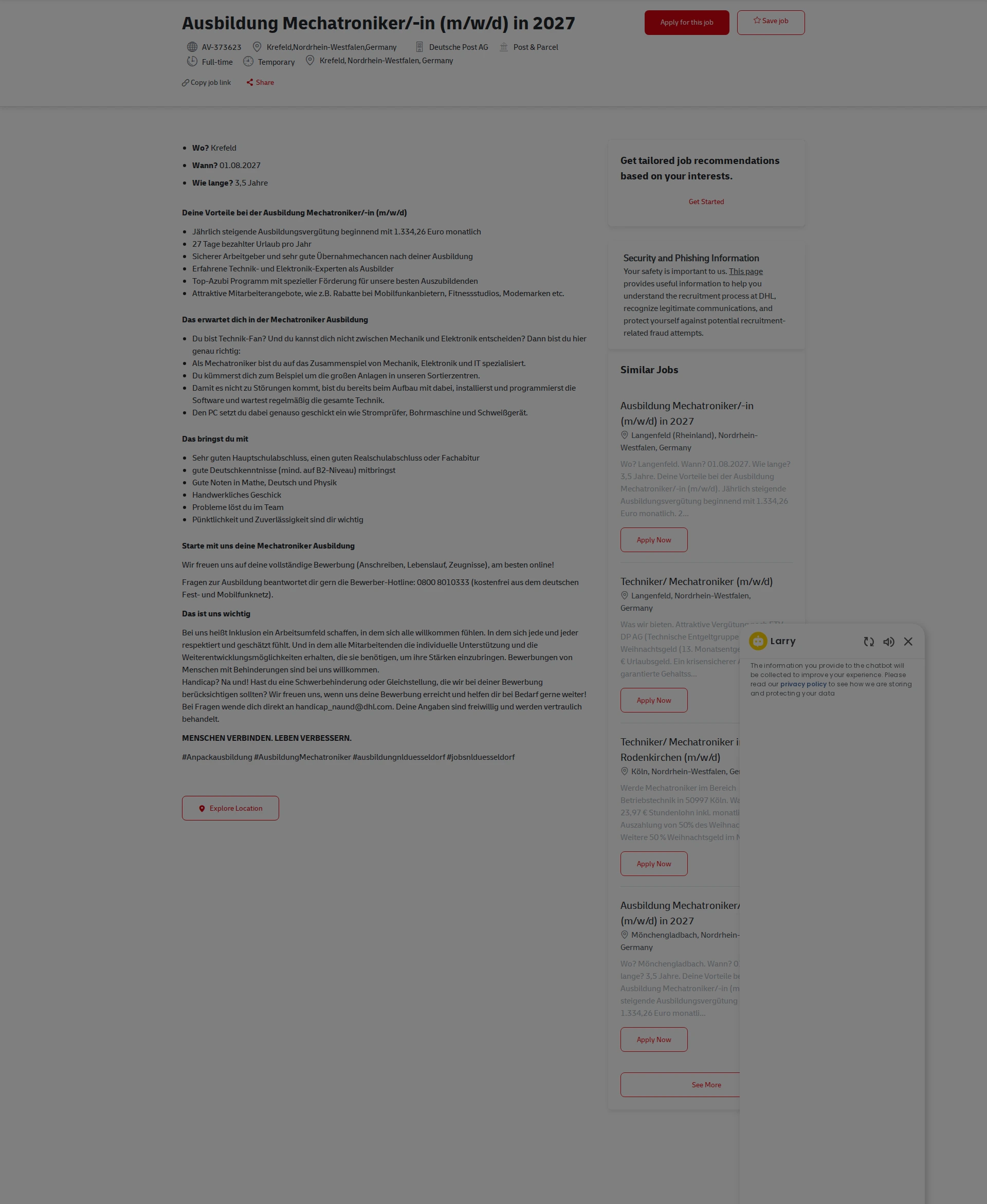 DHL Ausbildung Mechatroniker/-in (m/w/d) in 2027 채용공고