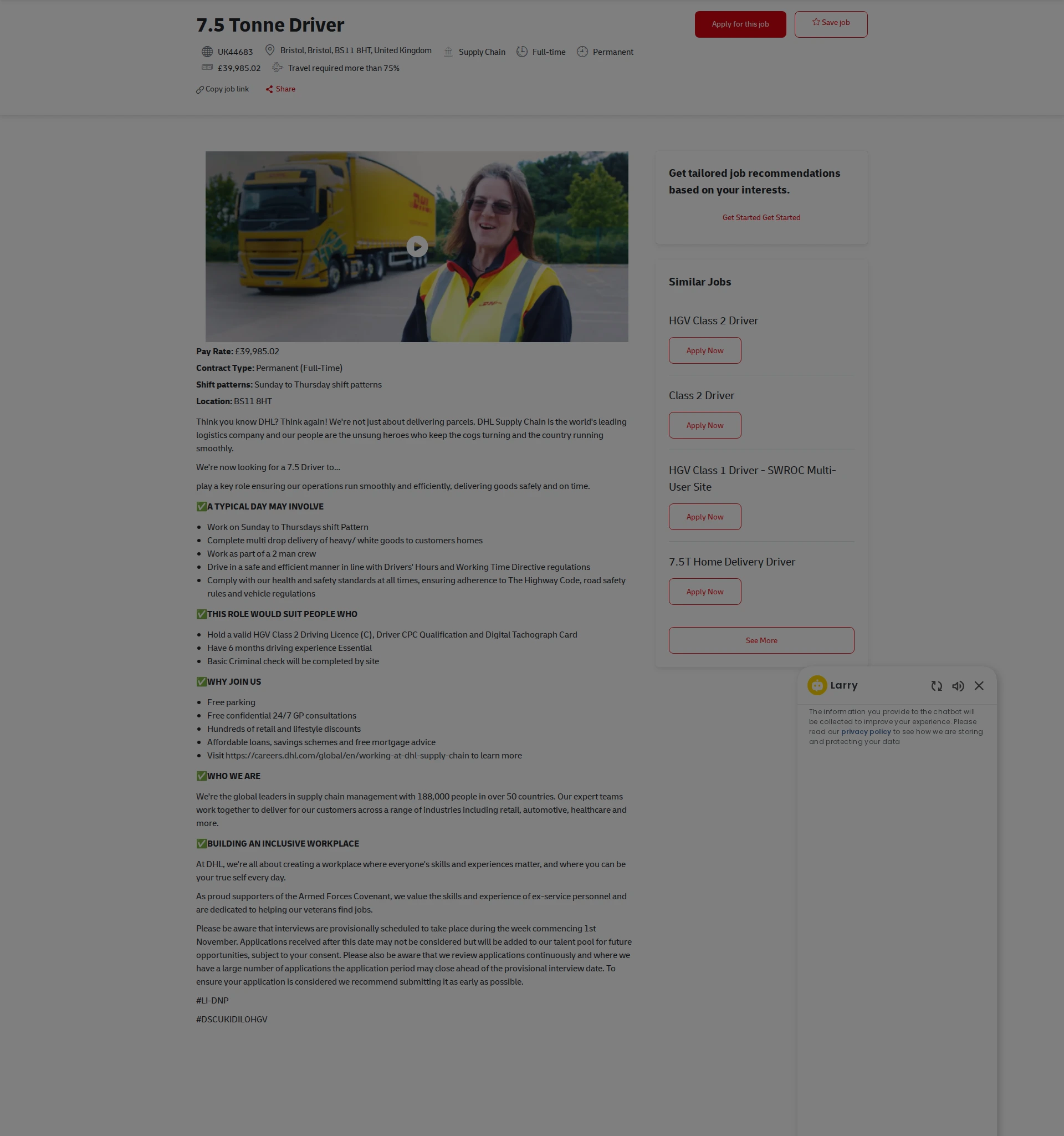 DHL 7.5 Tonne Driver 채용공고