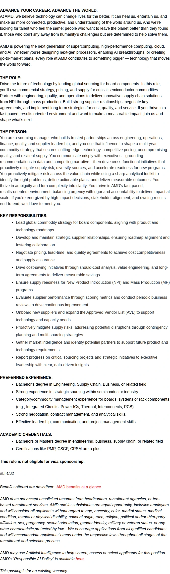 AMD Strategic Sourcing Manager – Components/Commodity 채용공고