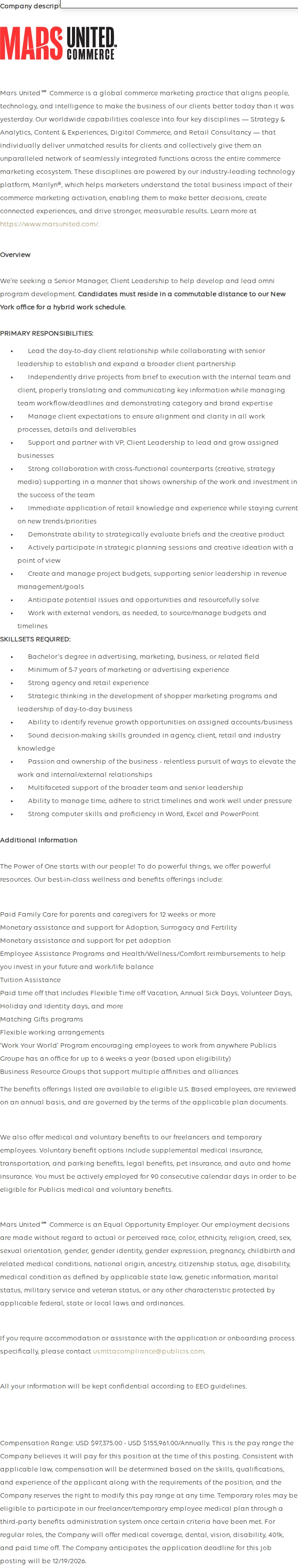 Publicis Groupe Senior Manager, Client Leadership 채용공고