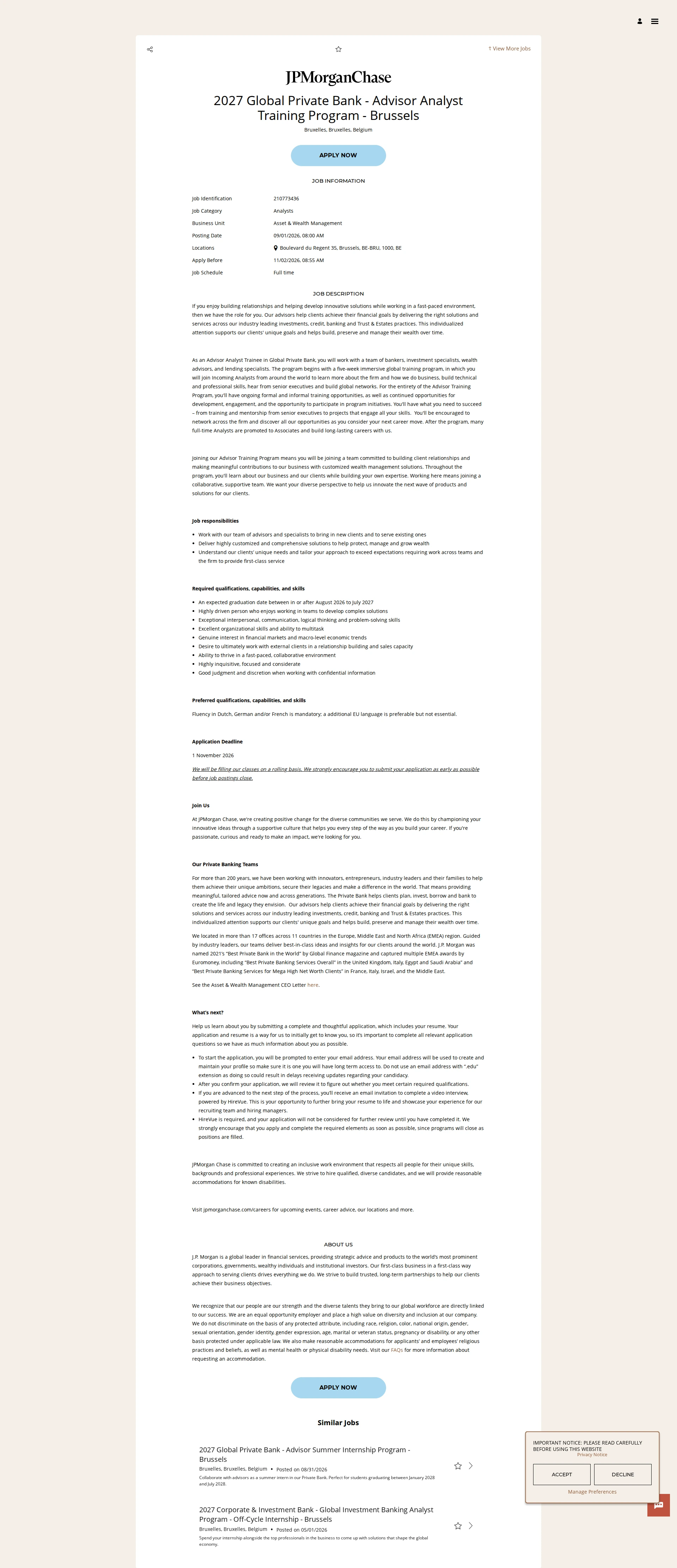 JPMorganChase 2027 Global Private Bank - Advisor Analyst Training Program - Brussels 채용공고