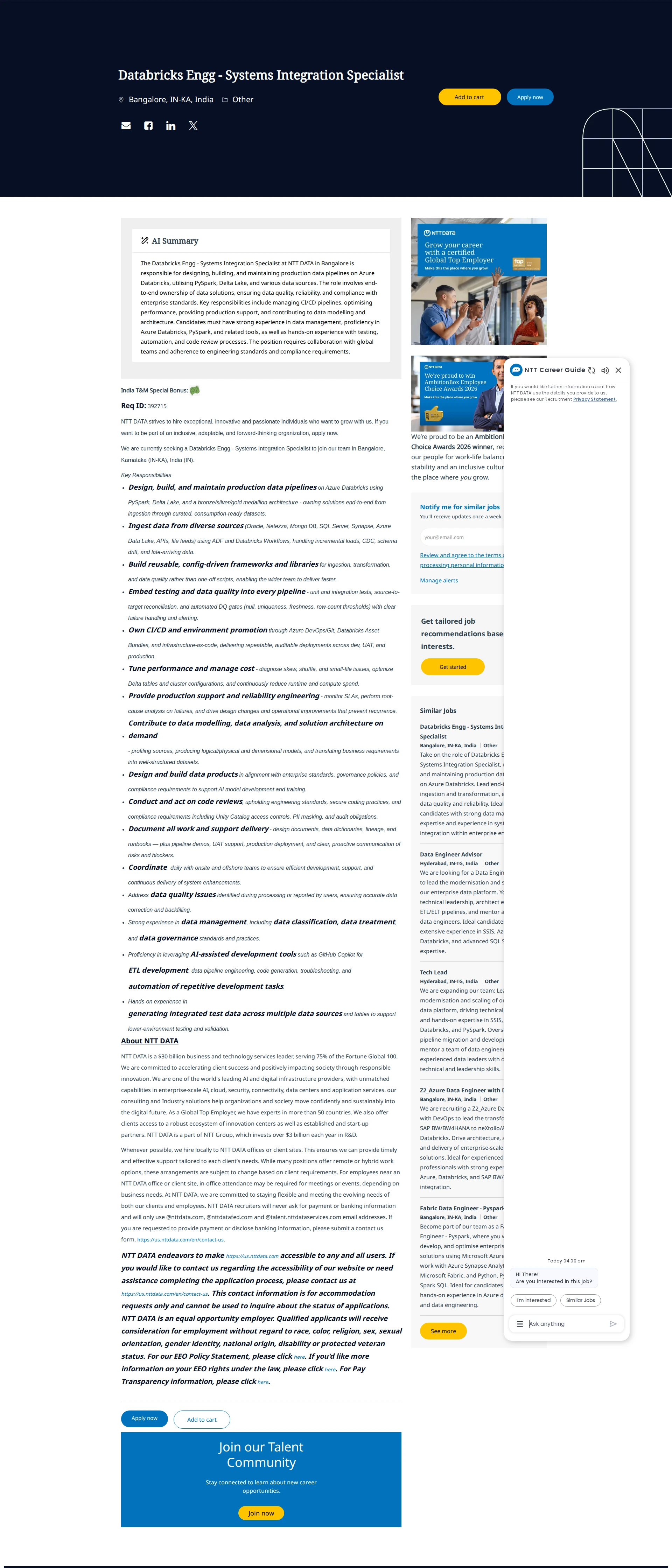 NTT데이터 Databricks Engg - Systems Integration Specialist 채용공고