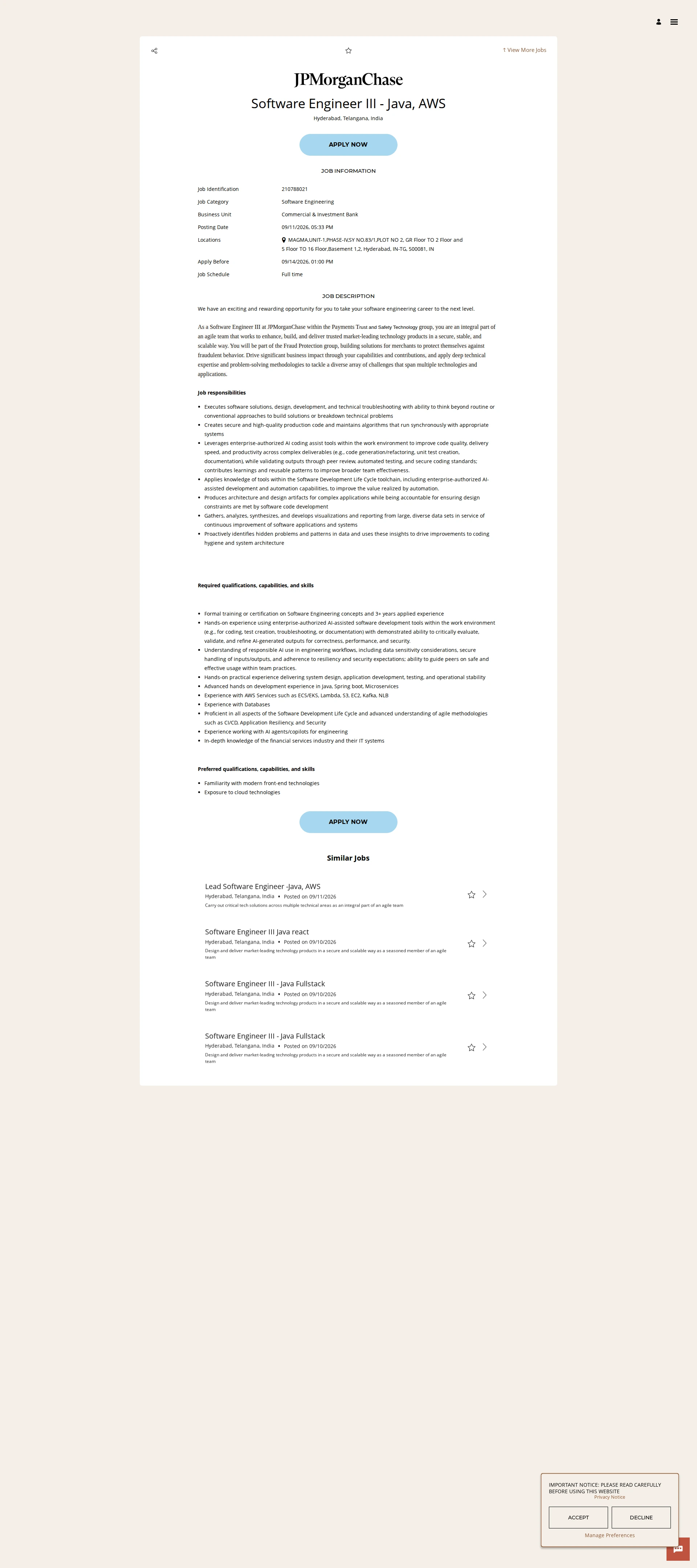 JPMorganChase Software Engineer III - Java, AWS 채용공고