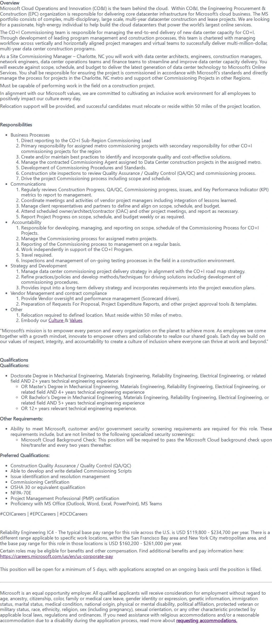 마이크로소프트(Microsoft) Commissioning Manager 채용공고