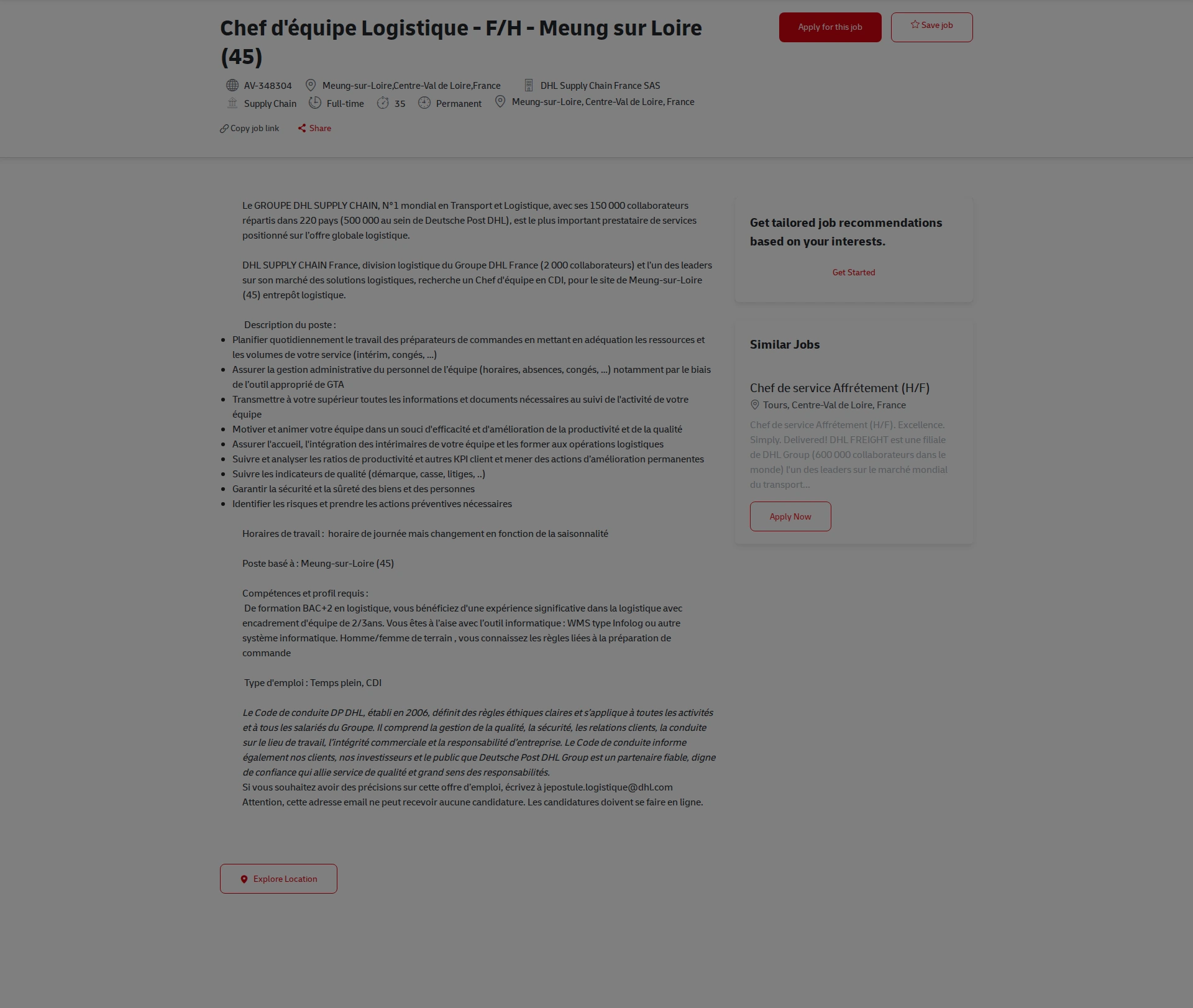 DHL Chef d'équipe Logistique - F/H - Meung sur Loire (45) 채용공고