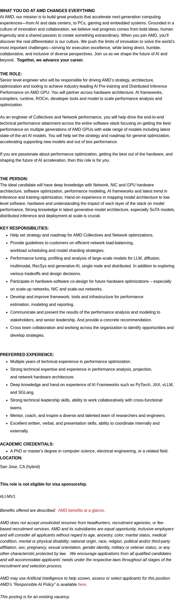 AMD Sr. Staff Software Development Engineer - Collectives and Network optimization 채용공고