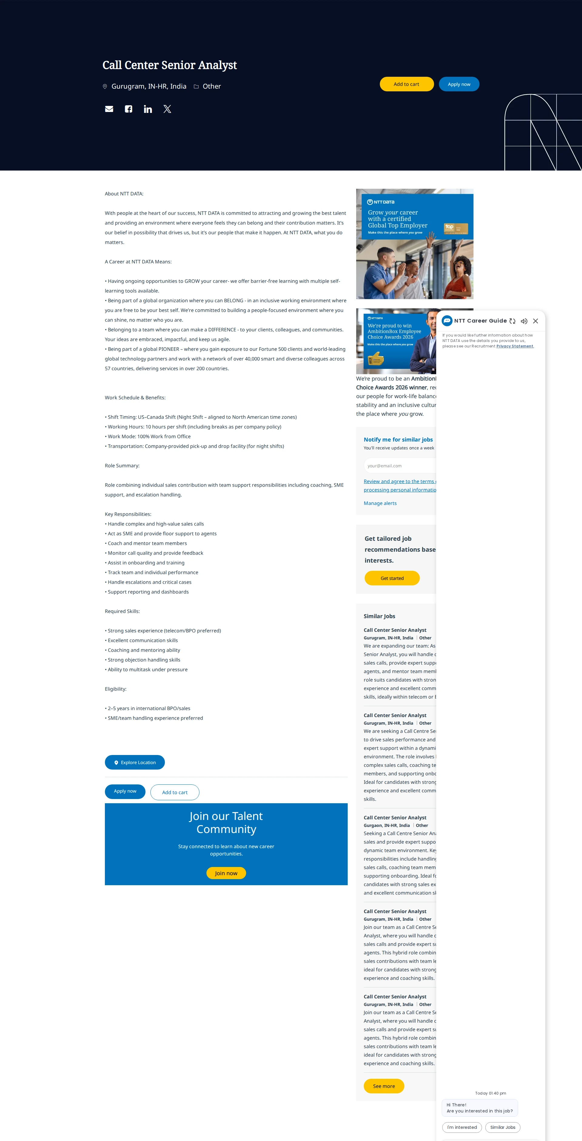 NTT데이터 Call Center Senior Analyst 채용공고