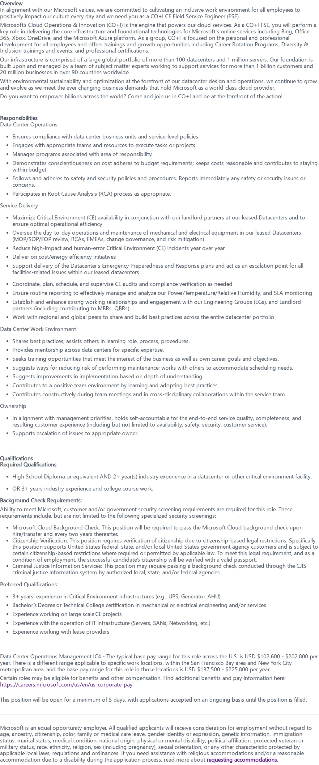 마이크로소프트(Microsoft) Critical Environment Field Service Engineer 채용공고