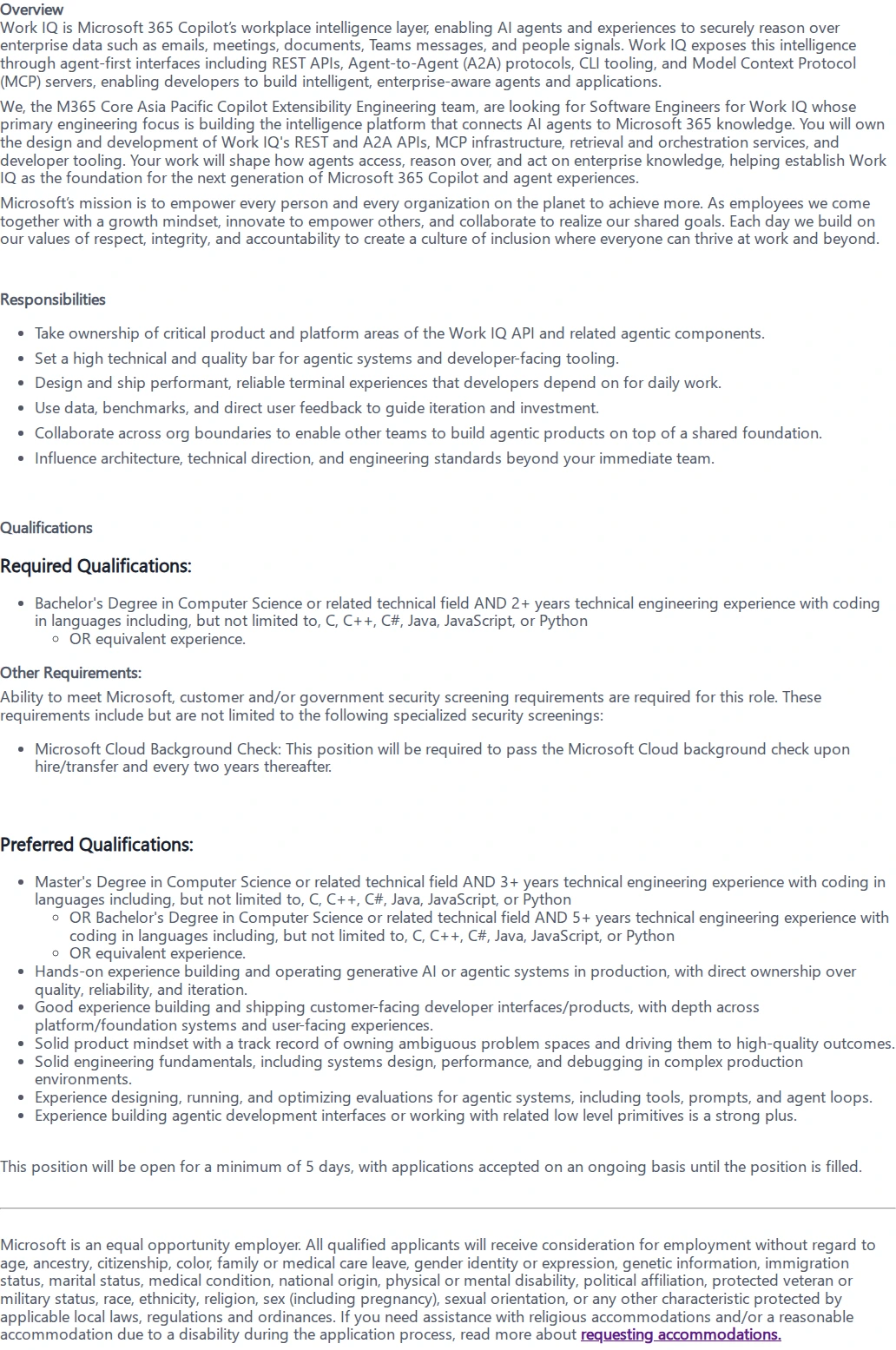 마이크로소프트(Microsoft) Software Engineer 2--M365 Work IQ 채용공고