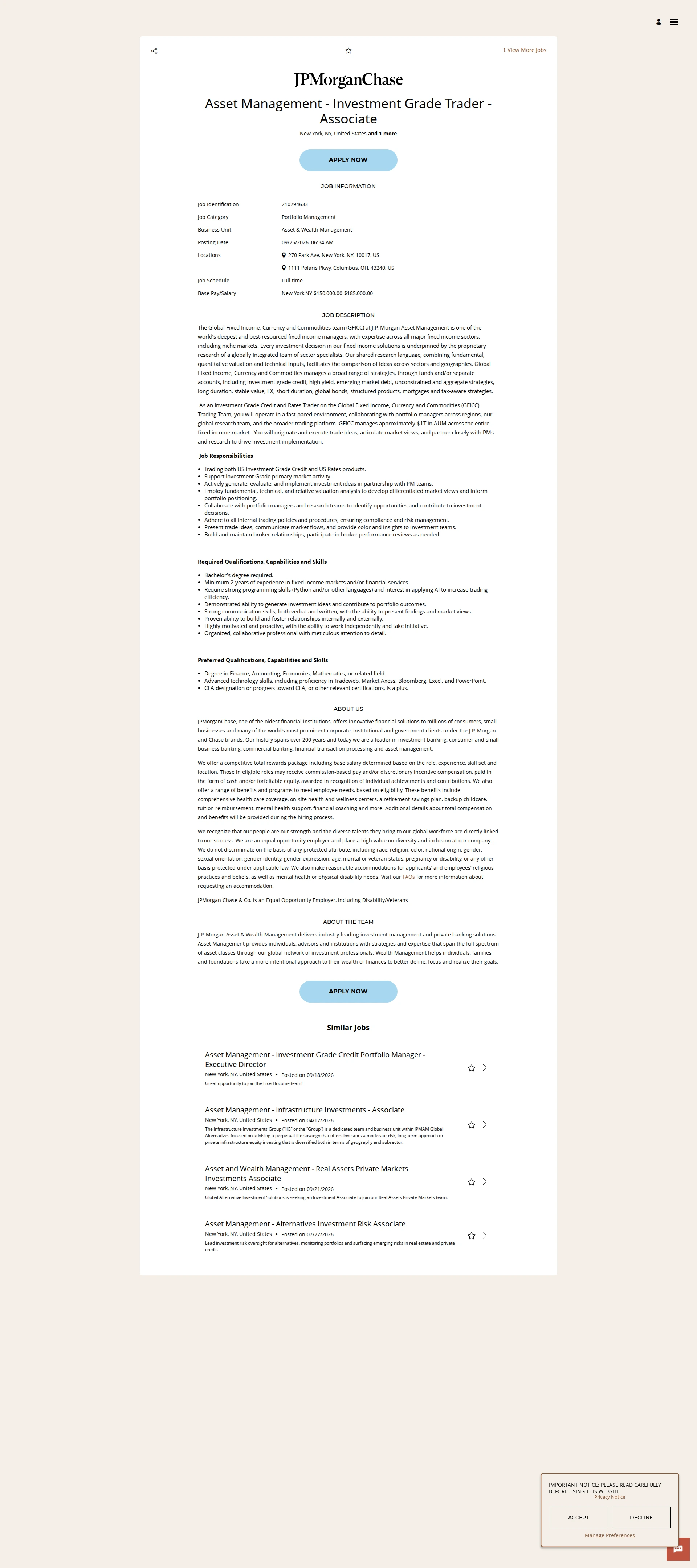 JPMorganChase Asset Management - Investment Grade Trader - Associate 채용공고