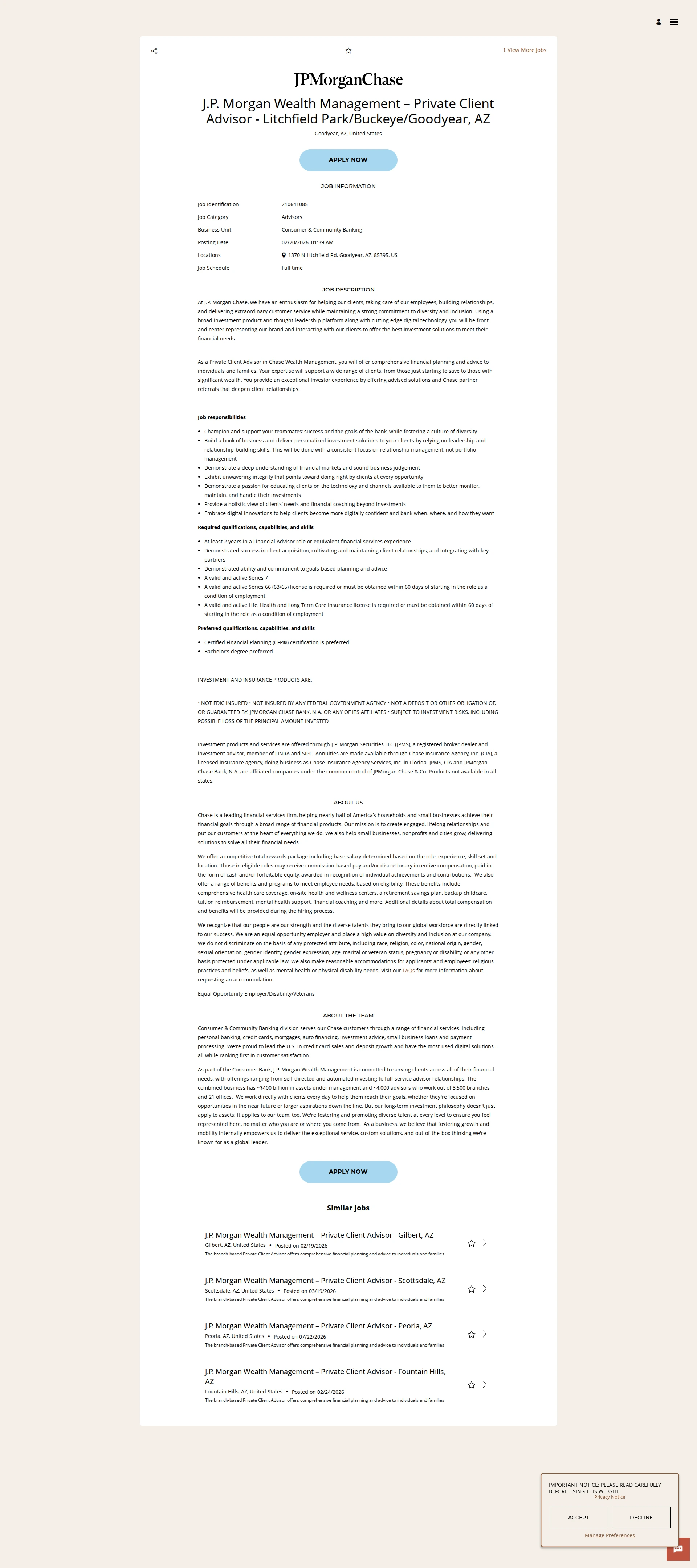 JPMorganChase J.P. Morgan Wealth Management – Private Client Advisor - Litchfield Park/Buckeye/Goodyear, AZ 채용공고