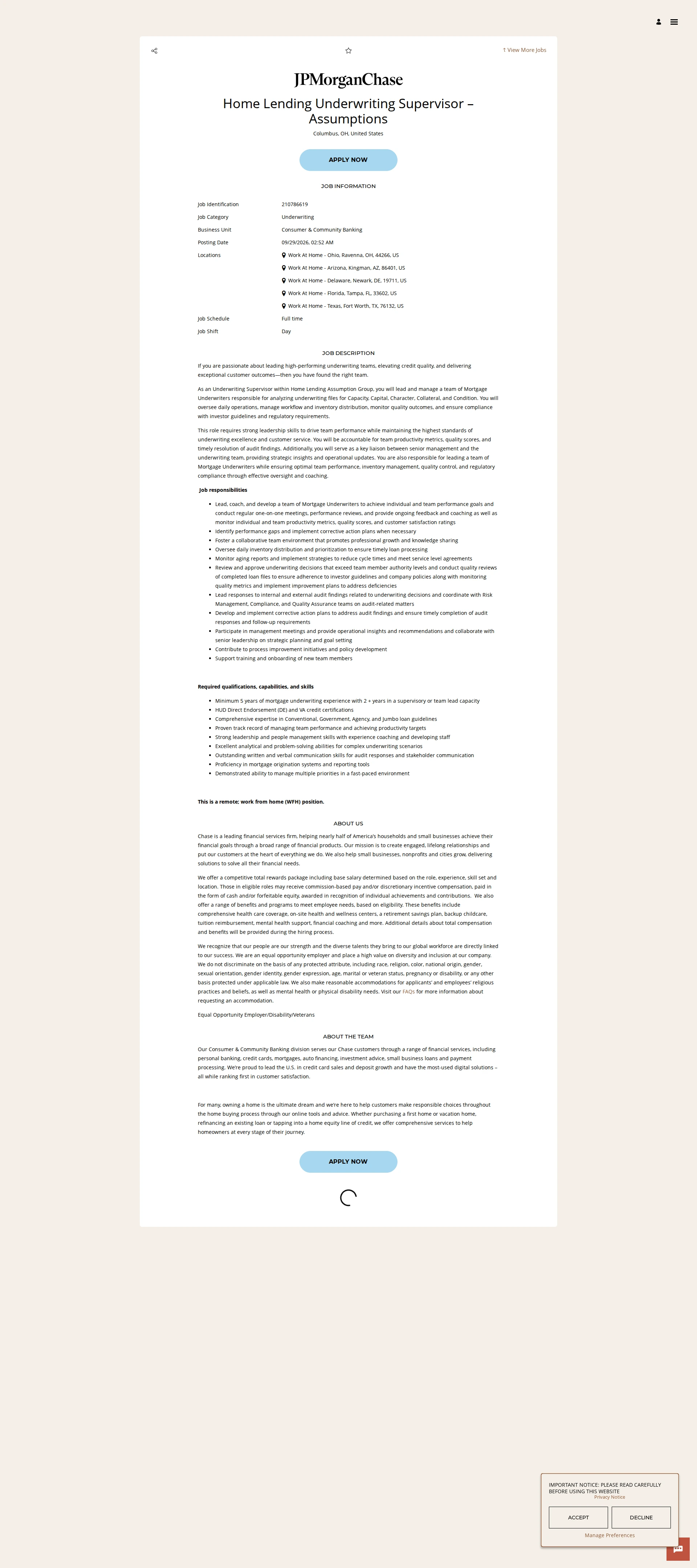 JPMorganChase Home Lending Underwriting Supervisor – Assumptions 채용공고
