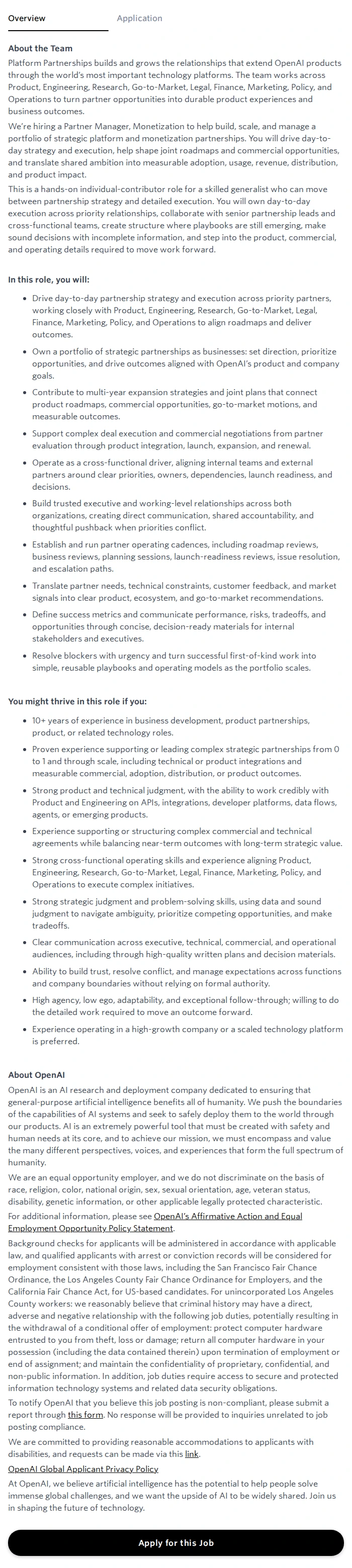 오픈에이아이(OpenAI) Partner Manager, Monetization 채용공고