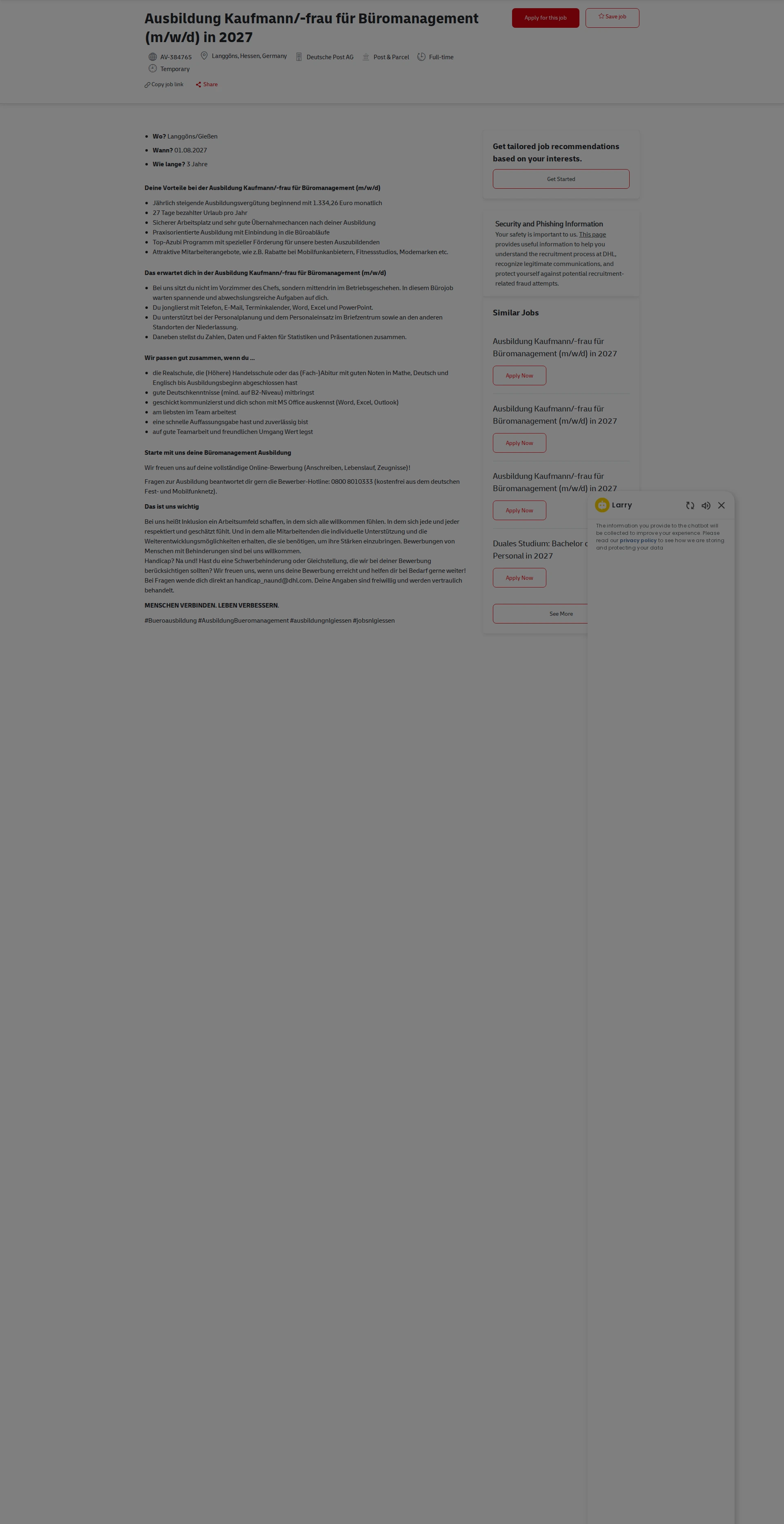 DHL Ausbildung Kaufmann/-frau für Büromanagement (m/w/d) in 2027 채용공고