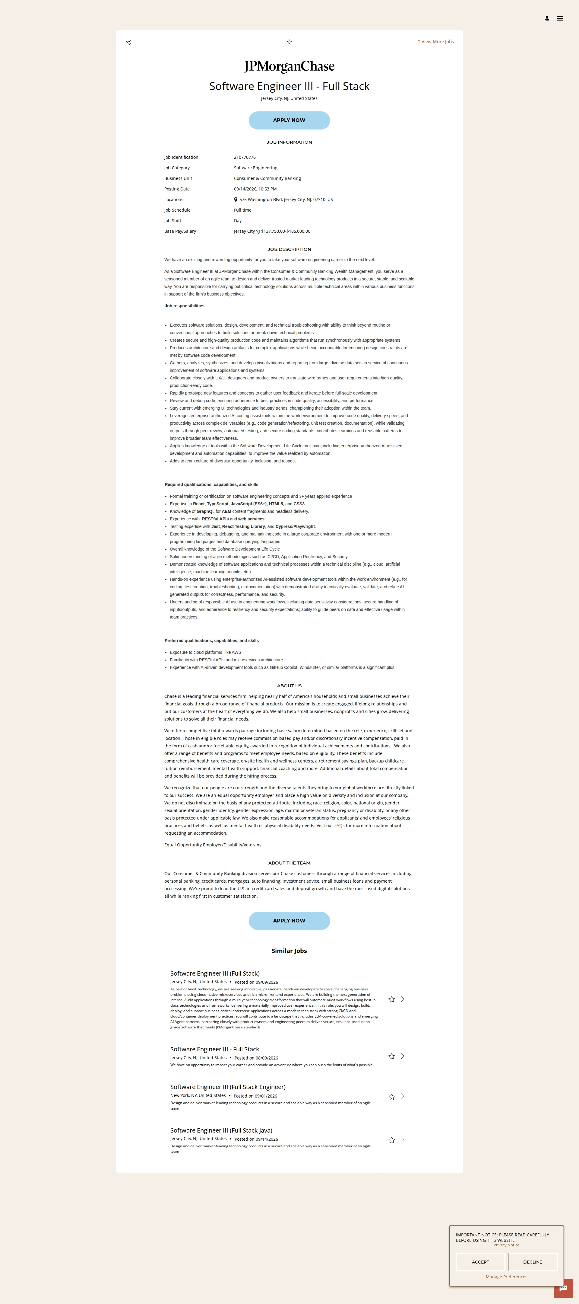 JPMorganChase Software Engineer III - Full Stack 채용공고