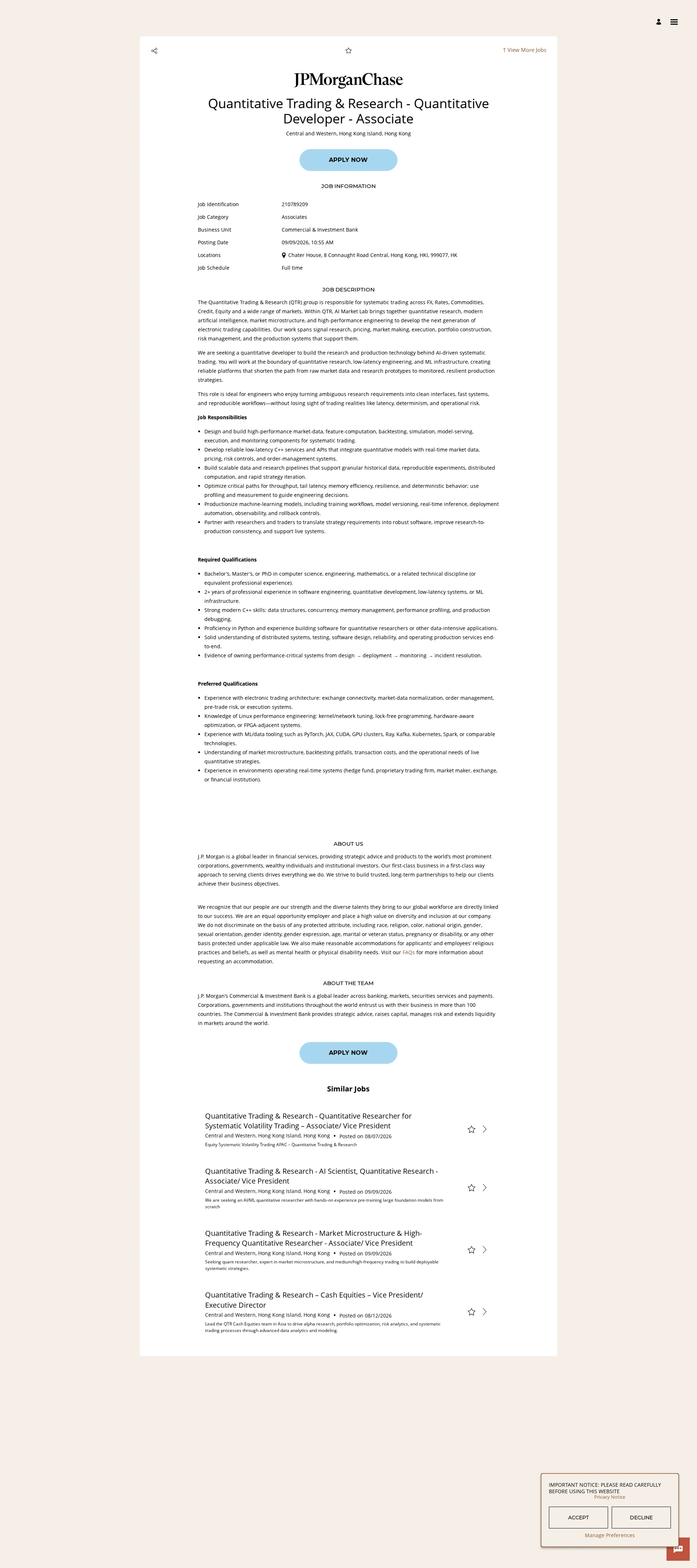 JPMorganChase Quantitative Trading & Research - Quantitative Developer - Associate 채용공고